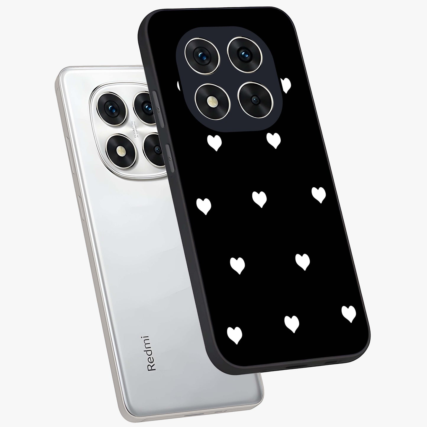 Cute And Simple White Hearts Glass Case displayed in angled mockup highlighting cute heart design with clean aesthetic style.