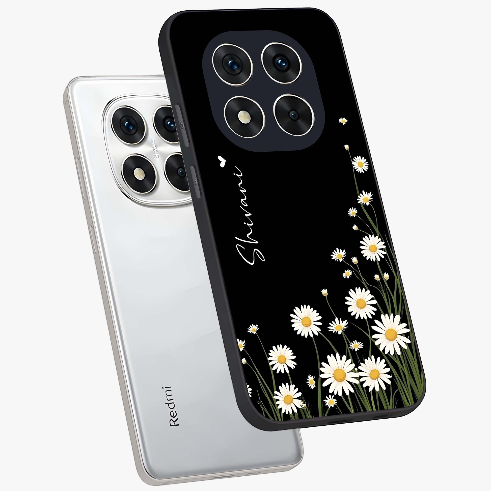 Daisy Cascade Custom Name Glass Case displayed in angled mockup highlighting delicate daisy artwork with custom name feature.
