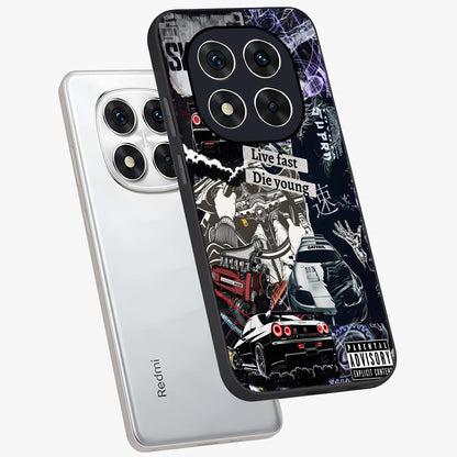 Die Young Glass Case displayed in angled mockup highlighting expressive graphic artwork with edgy aesthetic style.