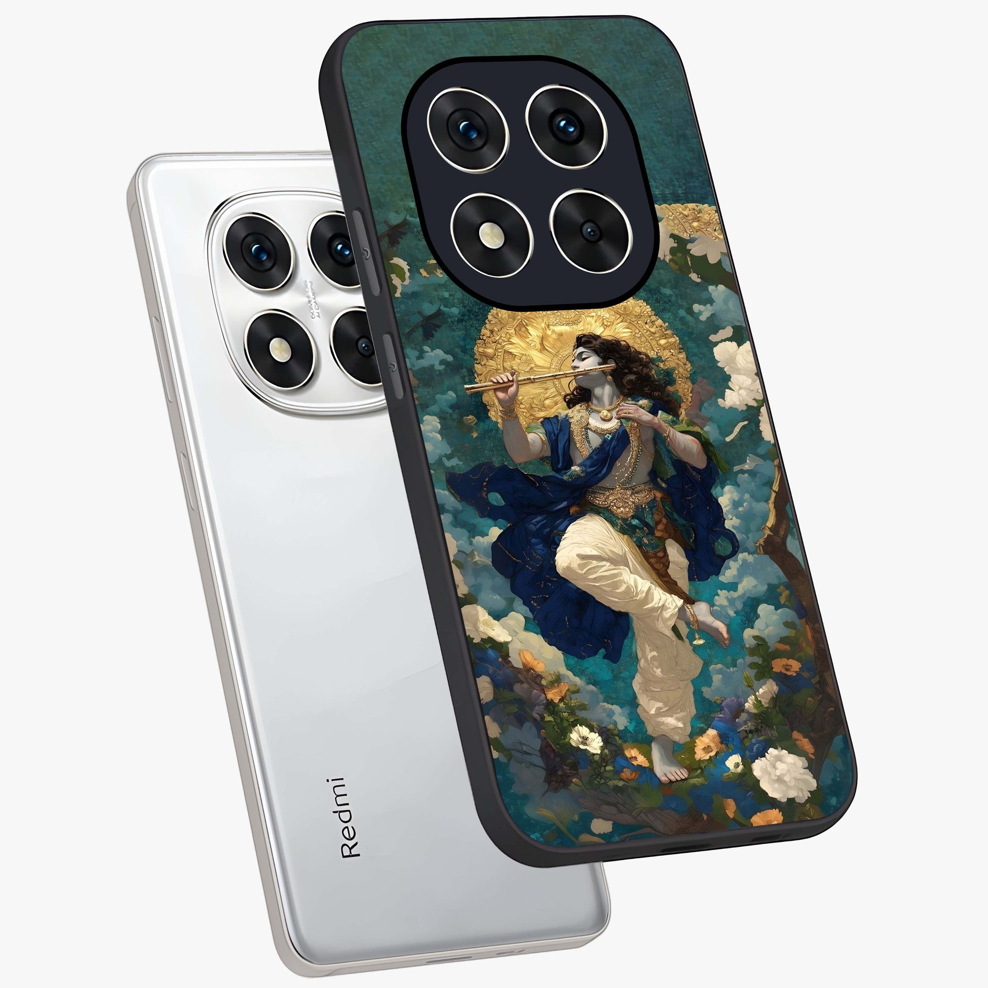 Divine Krishna Art Glass Case displayed in angled mockup highlighting spiritual Krishna illustration with devotional aesthetic.