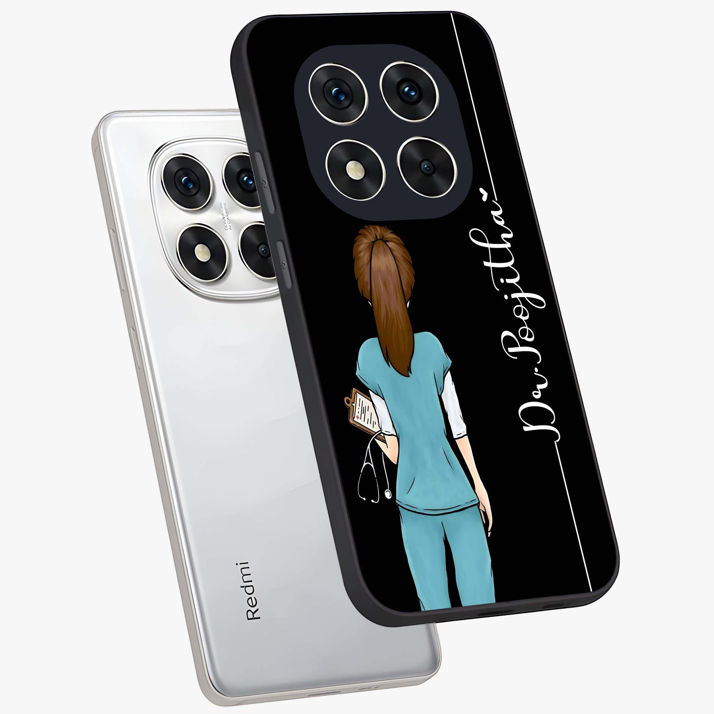 Doctor Pattern Custom Name Glass Case displayed in angled mockup highlighting doctor inspired artwork with custom name feature.