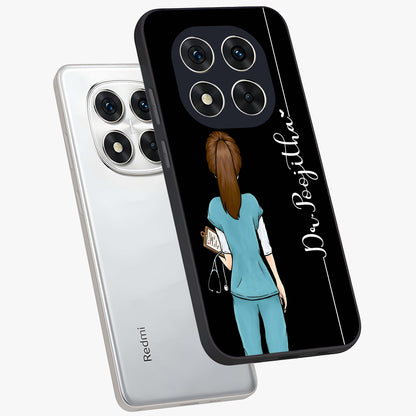 Doctor Pattern Custom Name Glass Case displayed in angled mockup highlighting doctor inspired artwork with custom name feature.
