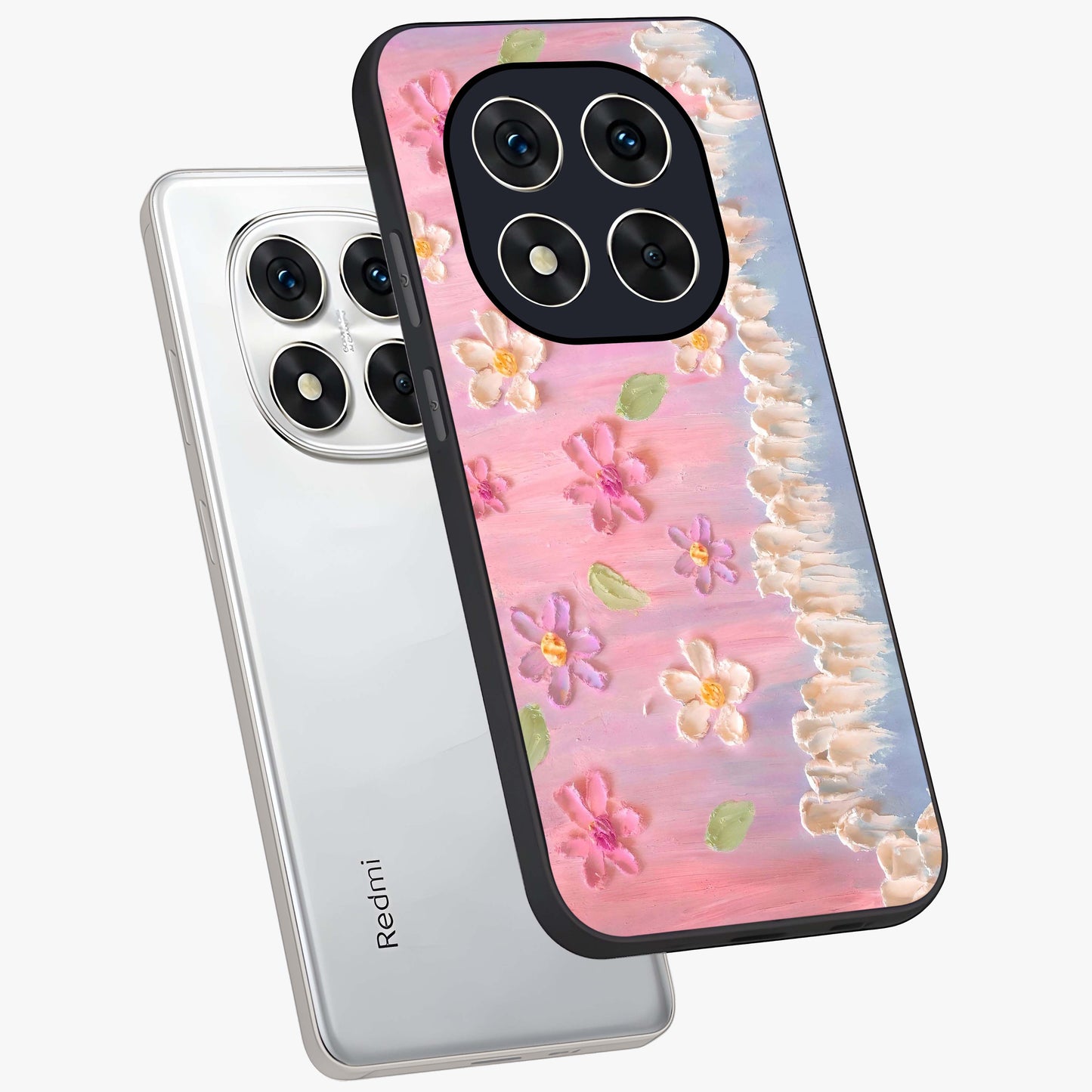 Dreamy Painted Garden Glass Case displayed in angled mockup highlighting colorful garden illustration with dreamy aesthetic style.