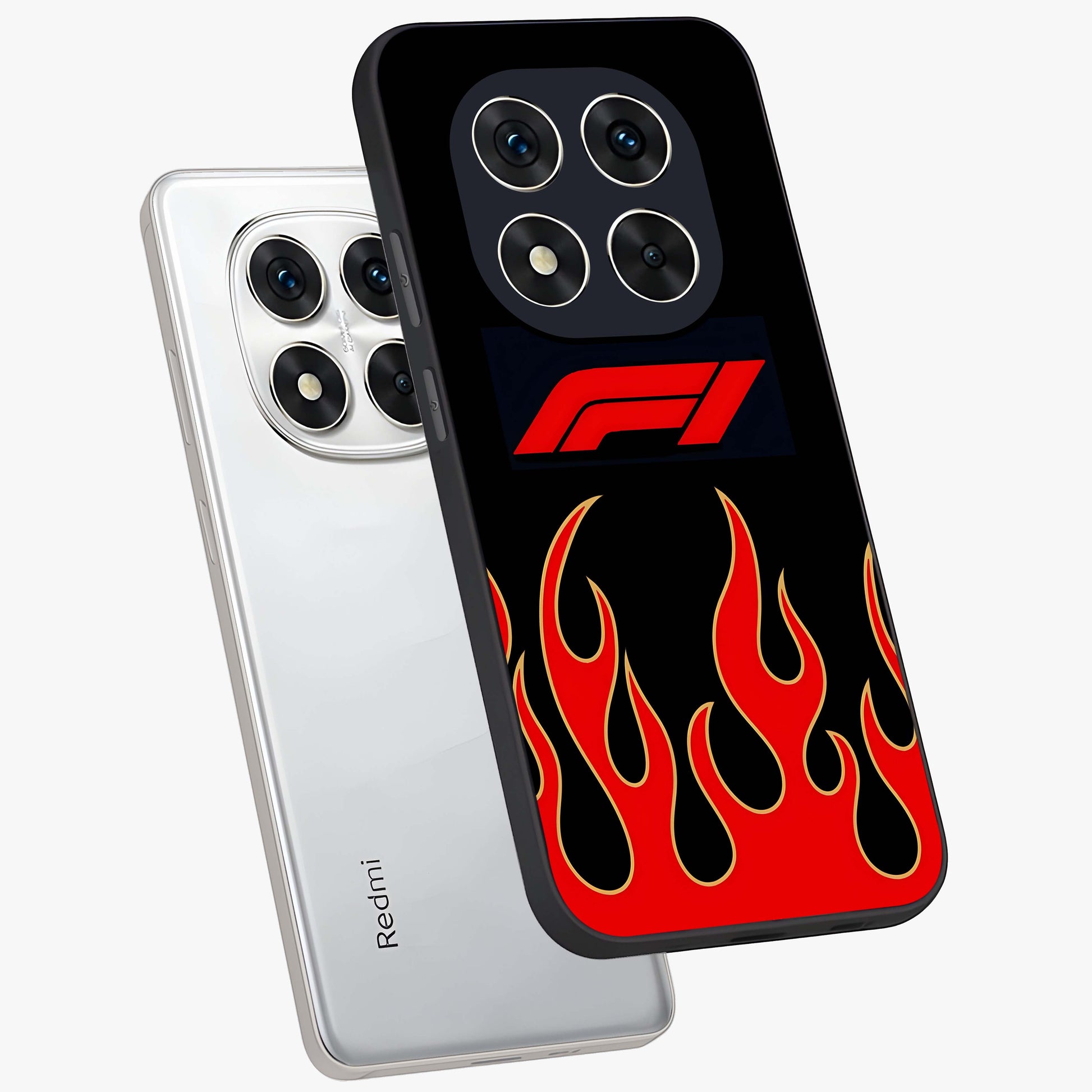 Fire F11 Glass Case displayed in angled mockup highlighting bold fire inspired graphic with energetic aesthetic style.