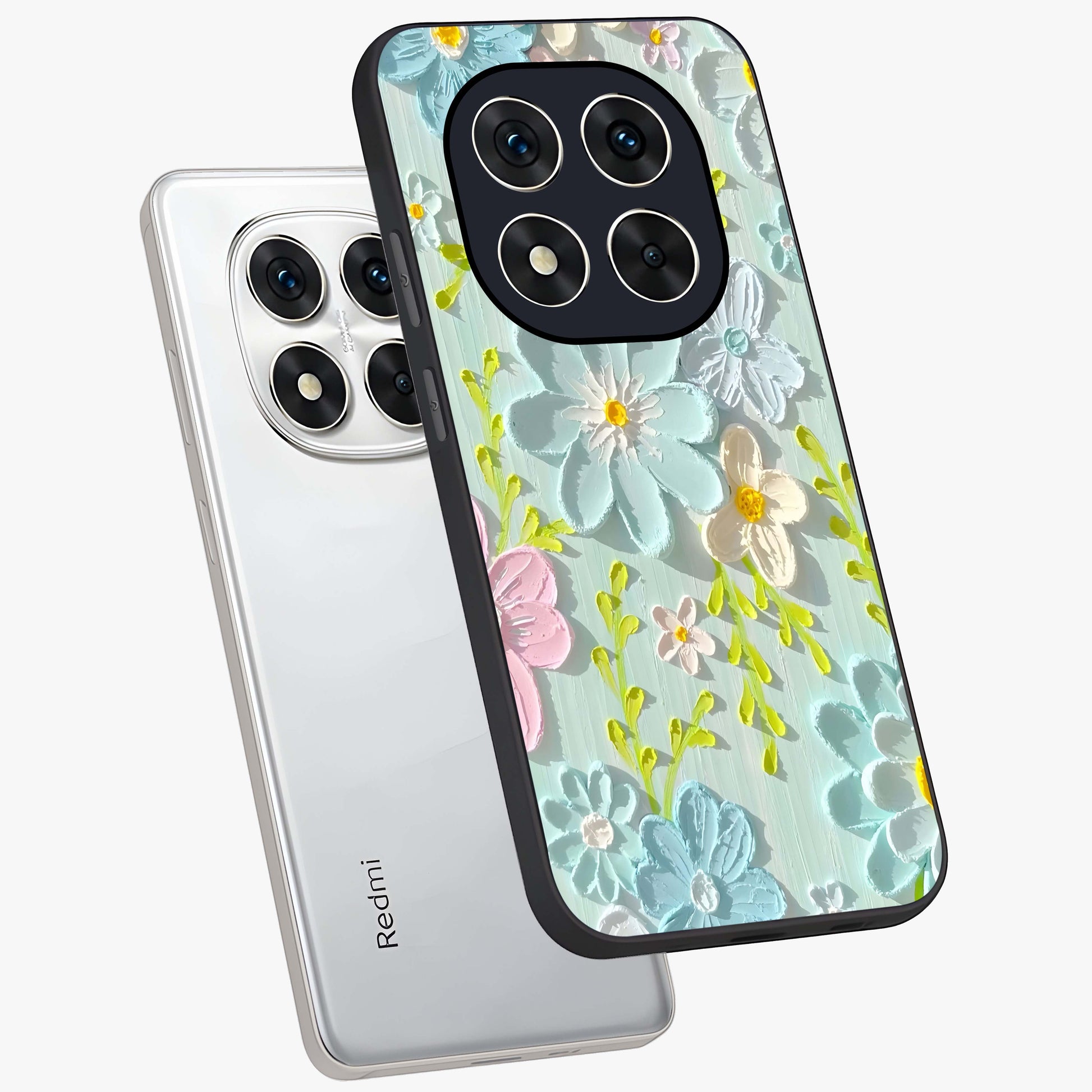 Frosted Petal Garden Glass Case displayed in angled mockup highlighting delicate flower petal design with calm garden aesthetic.