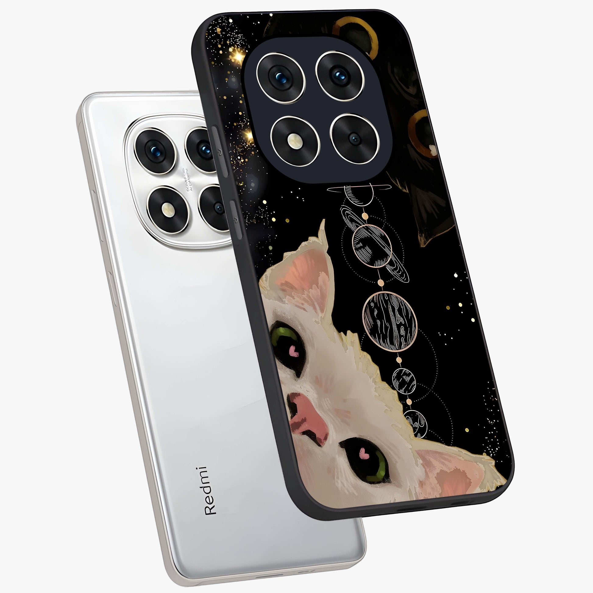 Galactic Cat Glass Case displayed in angled mockup highlighting celestial feline illustration with galaxy aesthetic style.