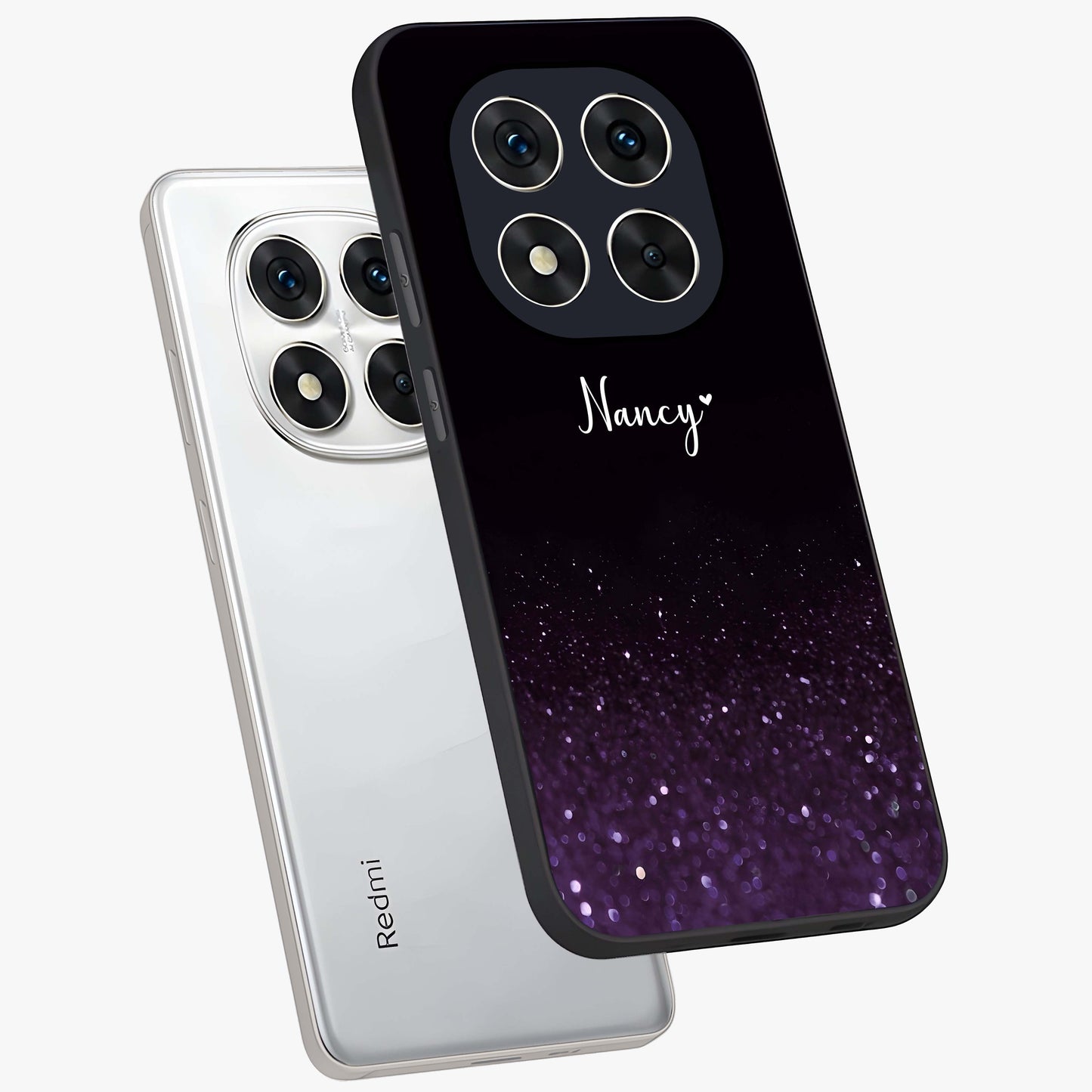 Glittery Purple Bokeh Custom Name Glass Case displayed in angled mockup highlighting glitter bokeh pattern with custom name feature.