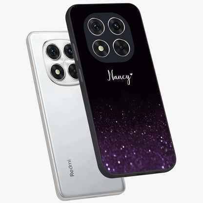 Glittery Purple Bokeh Custom Name Glass Case displayed in angled mockup highlighting glitter bokeh pattern with custom name feature.