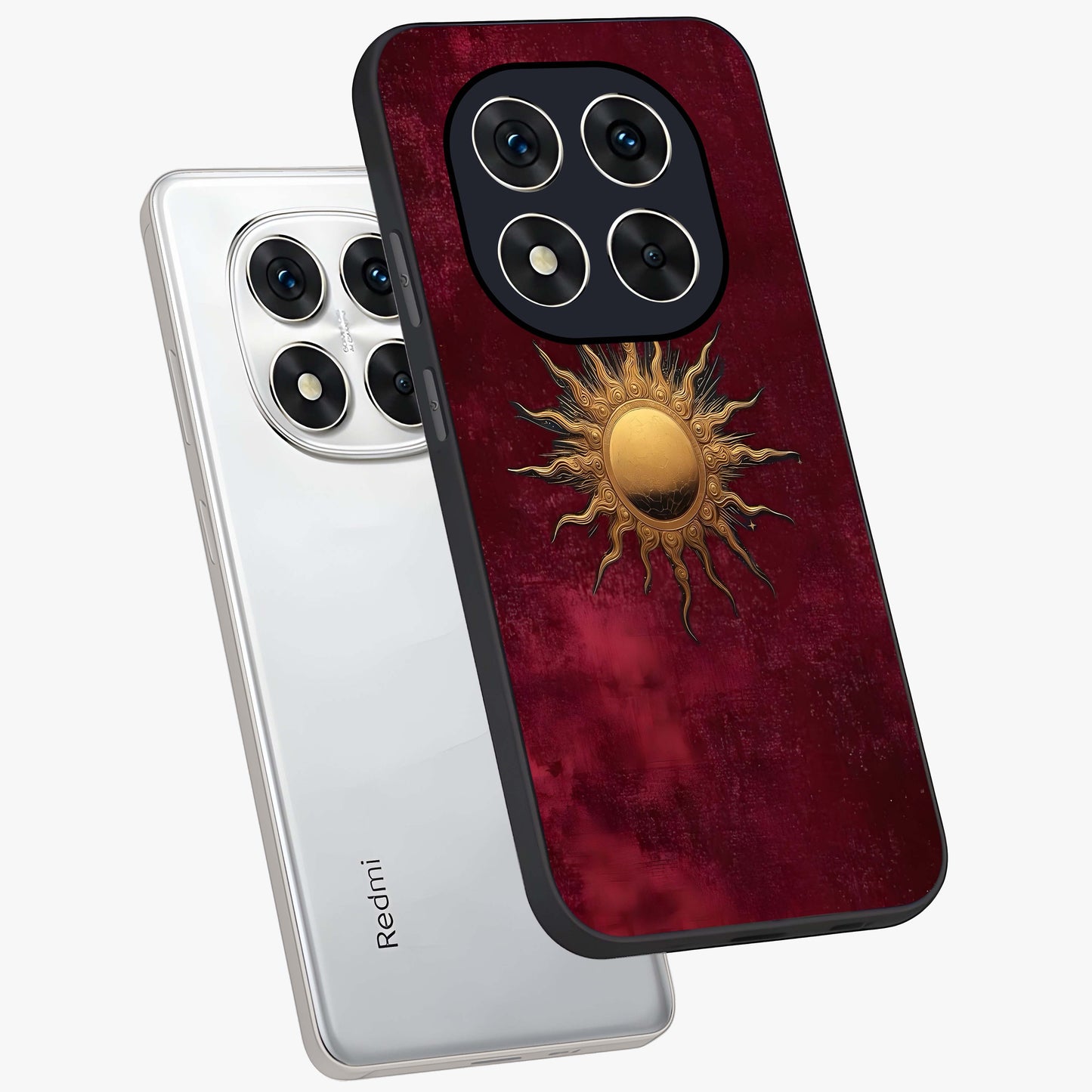 Golden Sun Minimalism Glass Case displayed in angled mockup highlighting clean sun symbol design with modern minimal aesthetic.