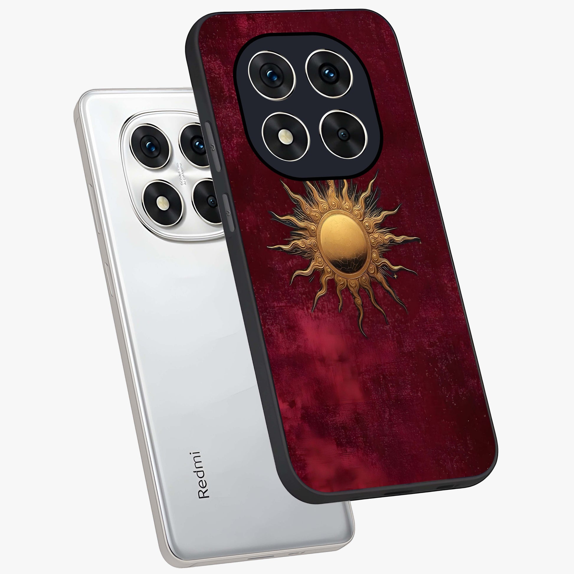 Golden Sun Minimalism Glass Case displayed in angled mockup highlighting clean sun symbol design with modern minimal aesthetic.