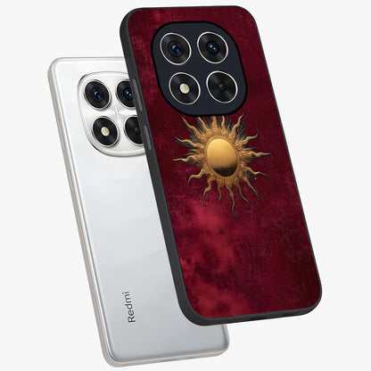 Golden Sun Minimalism Glass Case displayed in angled mockup highlighting clean sun symbol design with modern minimal aesthetic.