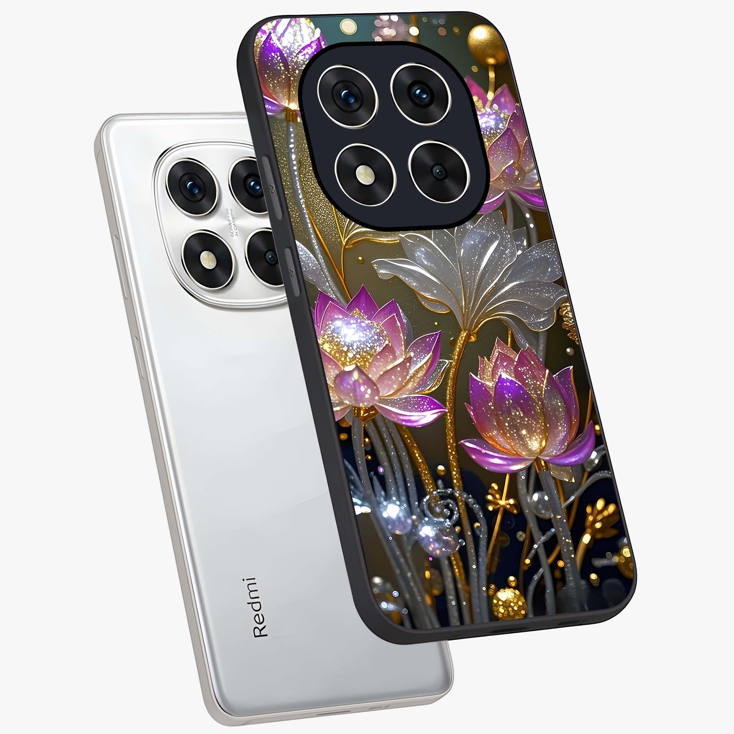 Golden Floral Majesty Glass Case displayed in angled mockup highlighting elegant flower design with royal golden aesthetic.