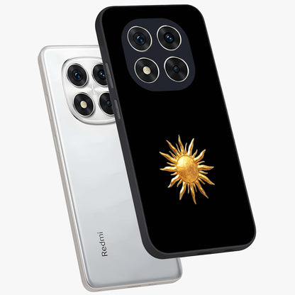 Golden Sun Minimalism Glass Case displayed in angled mockup highlighting eerie shadow illustration with gothic aesthetic.