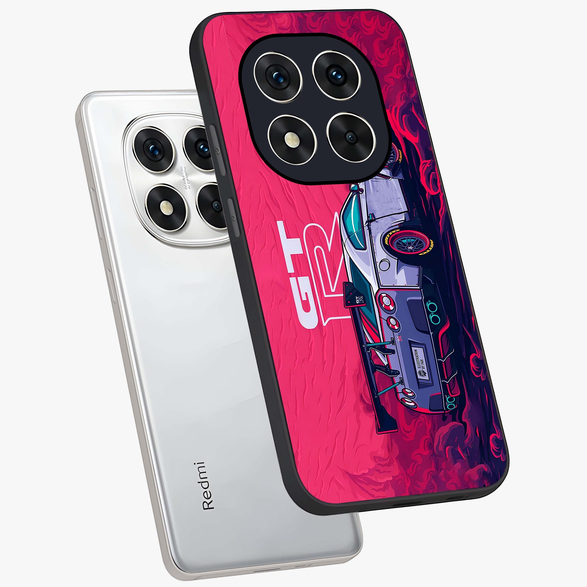 GT-R Car Pattern Glass Case displayed in angled mockup highlighting racing car graphic design with bold automotive aesthetic.