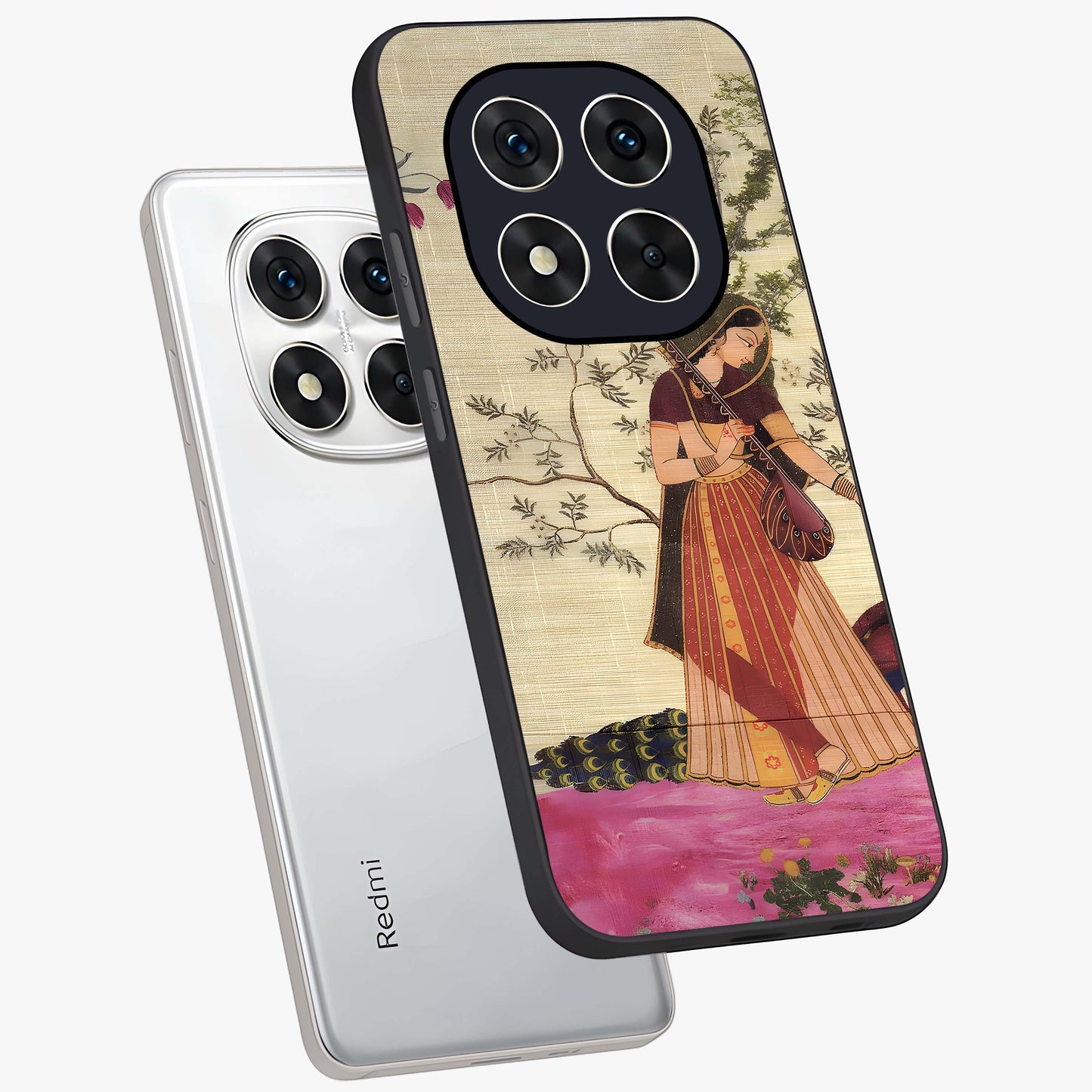 Lady With Veena Art Glass Case displayed in angled mockup highlighting graceful musical illustration with cultural artistic aesthetic.