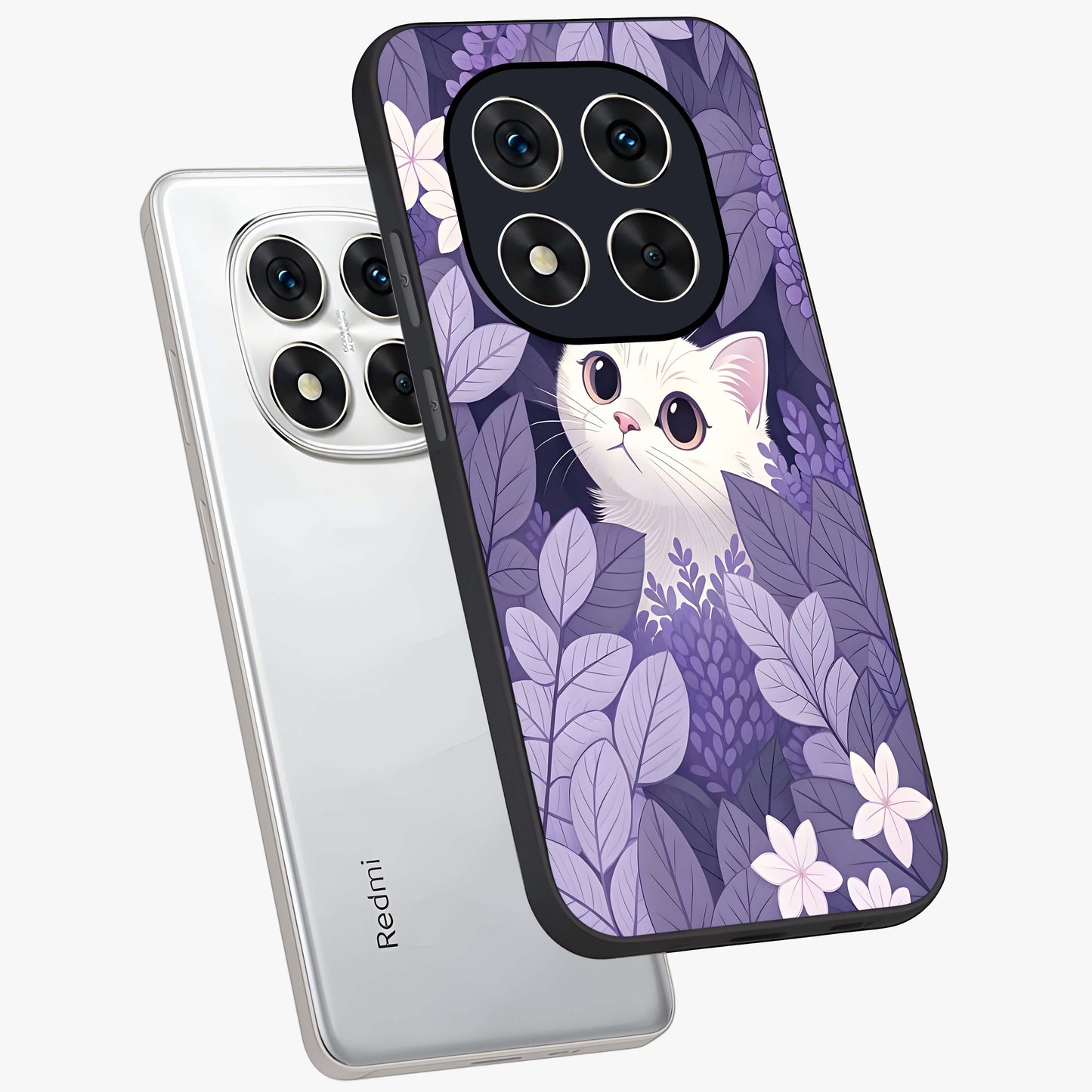 Lilac Hide Peek Cat Glass Case displayed in angled mockup highlighting playful feline illustration with lilac aesthetic design.
