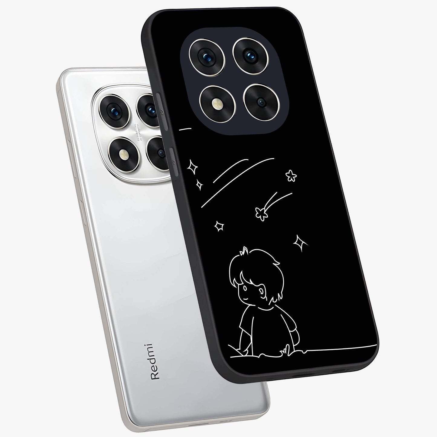 Line Art Boy With Shooting Stars Glass Case displayed in angled mockup highlighting elegant line art design with dreamy star aesthetic.