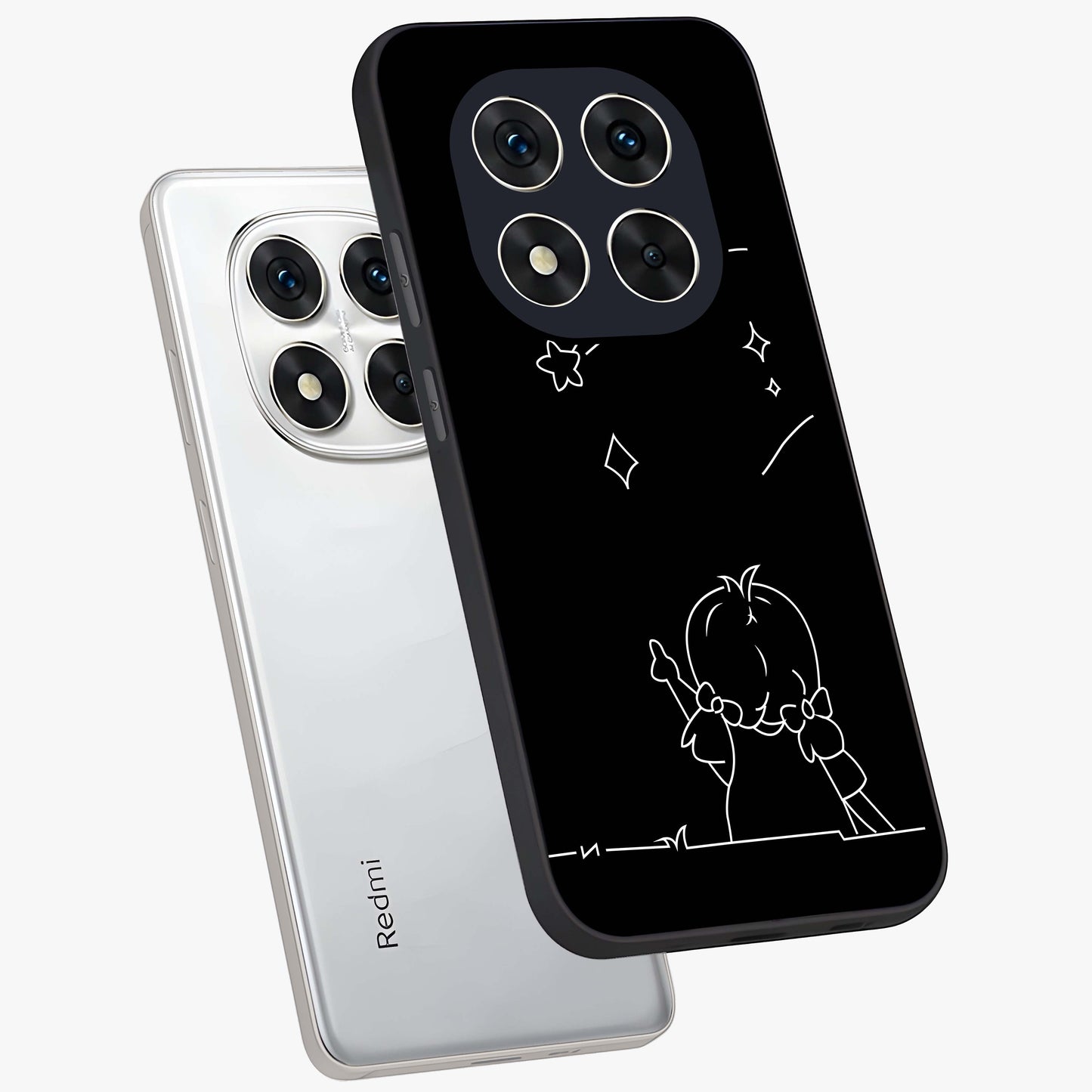 Line Art Girl With Shooting Stars Glass Case displayed in angled mockup highlighting elegant line art design with dreamy star aesthetic.