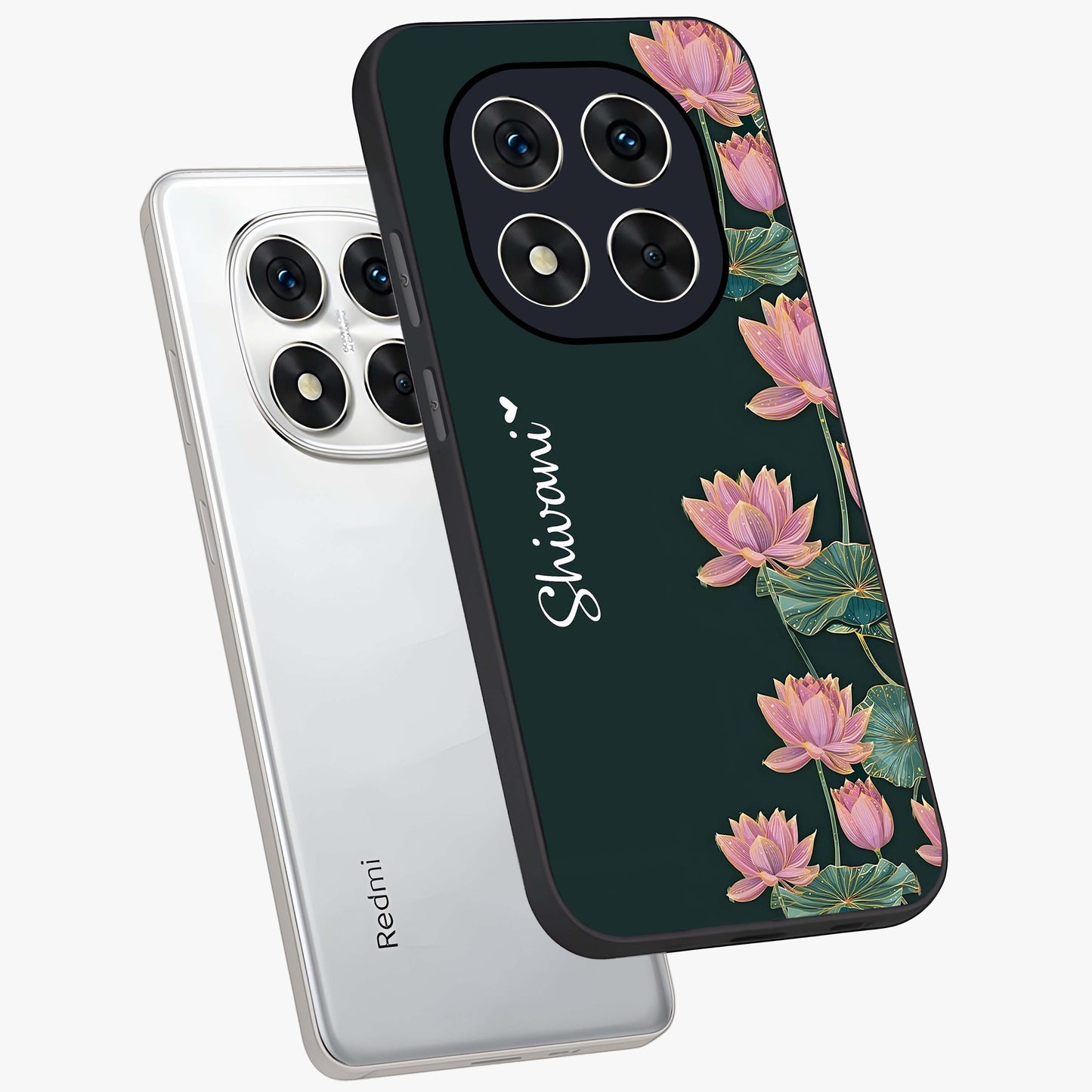 Lotus Bloom Serenity Custom Name Glass Case displayed in angled mockup highlighting graceful lotus illustration with custom name feature.