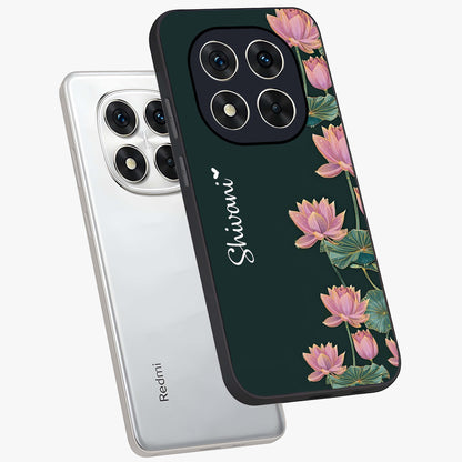 Lotus Bloom Serenity Custom Name Glass Case displayed in angled mockup highlighting graceful lotus illustration with custom name feature.