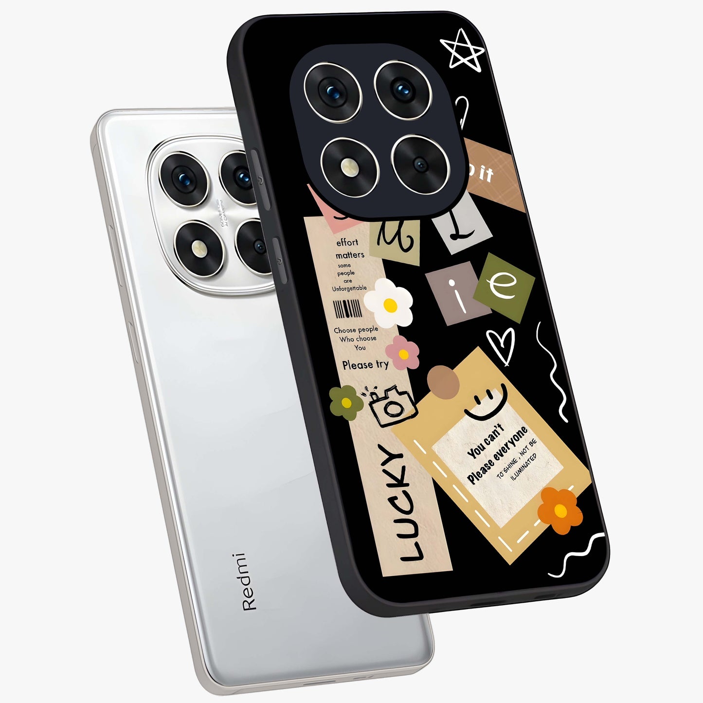 Lucky Aesthetic Collage Glass Case displayed in angled mockup highlighting stylish collage pattern with modern aesthetic vibe.