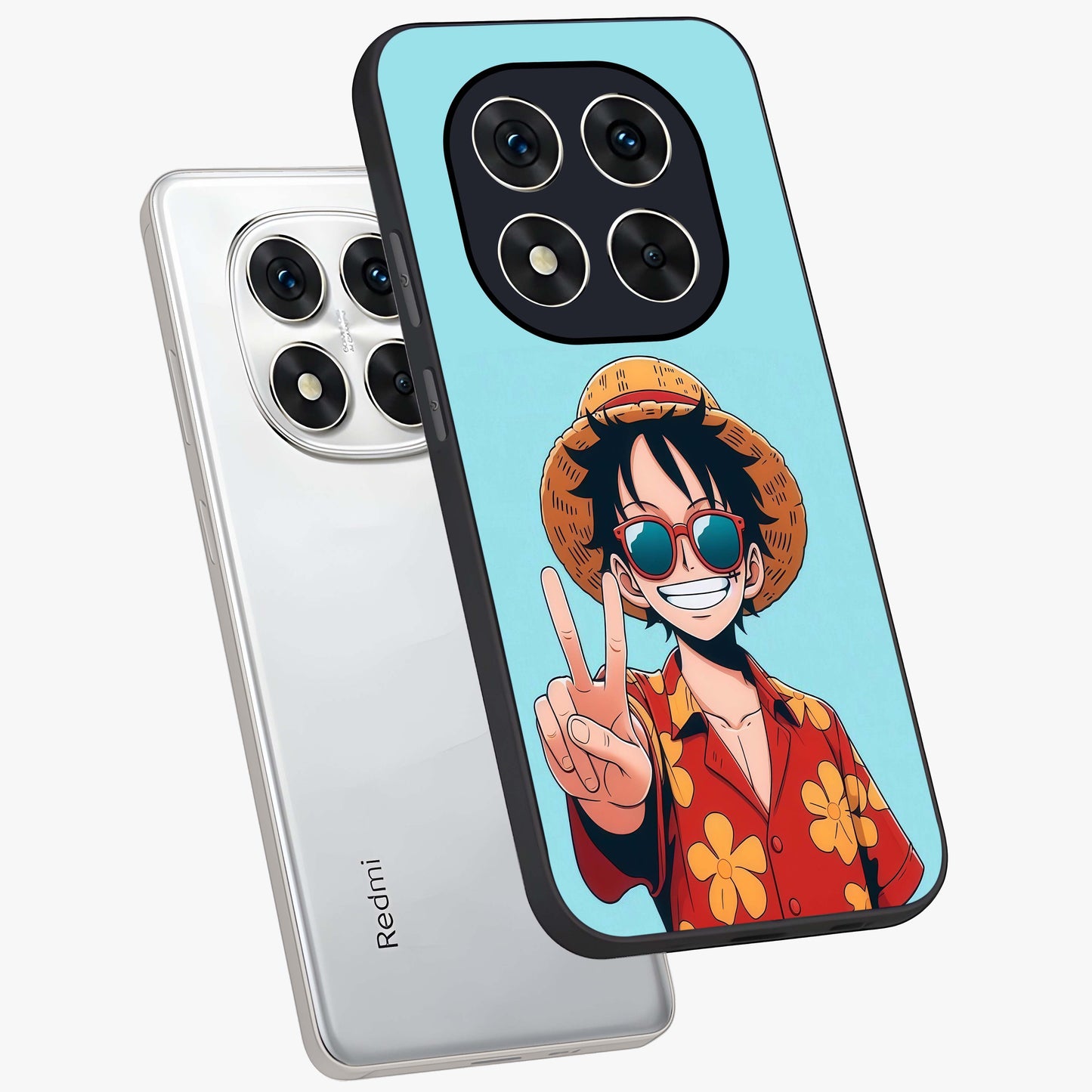 Luffy Summer Anime Vibe Glass Case displayed in angled mockup highlighting energetic anime illustration with summer vibe aesthetic.