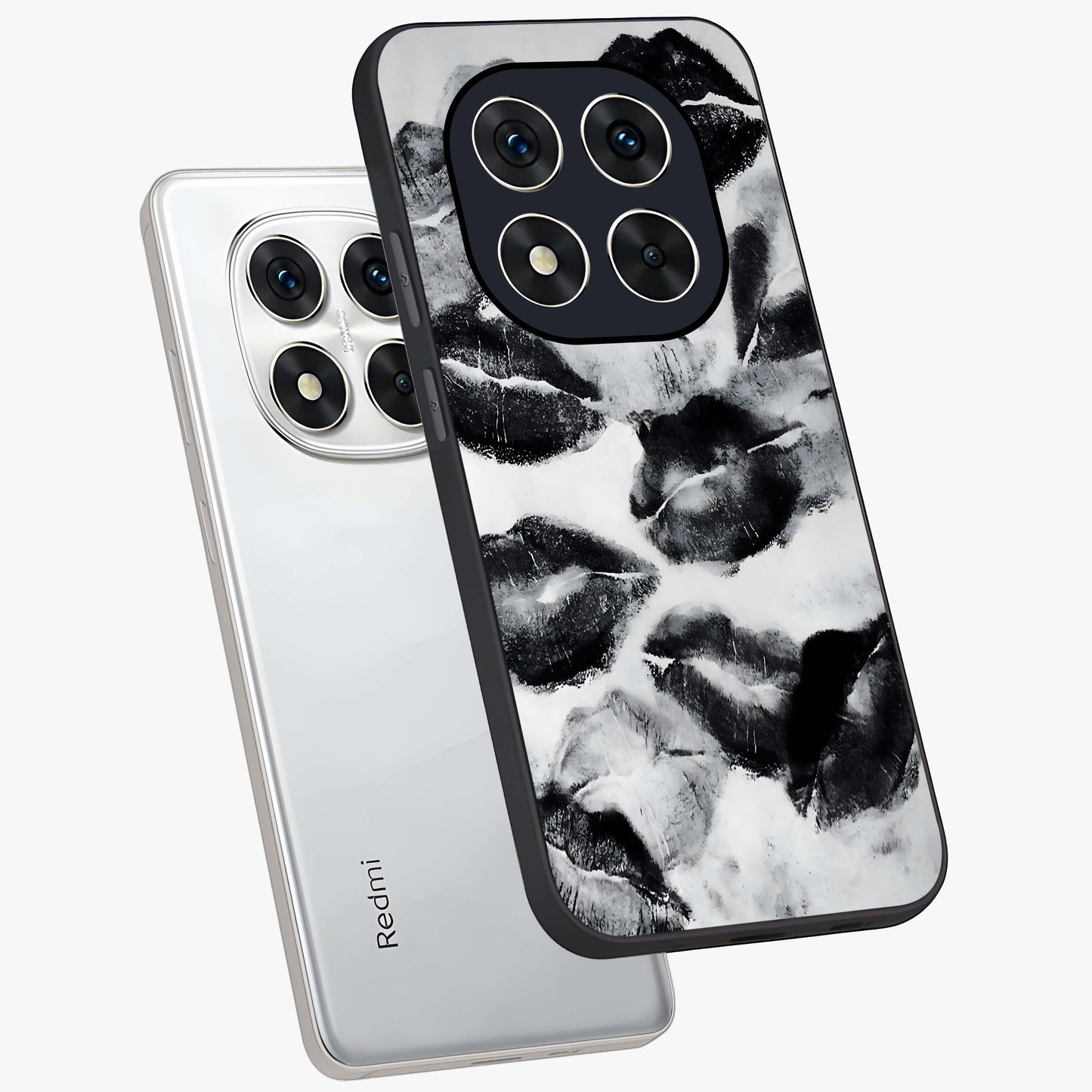 Midnight Kiss Marks Glass Case displayed in angled mockup highlighting playful romantic design with bold midnight aesthetic.