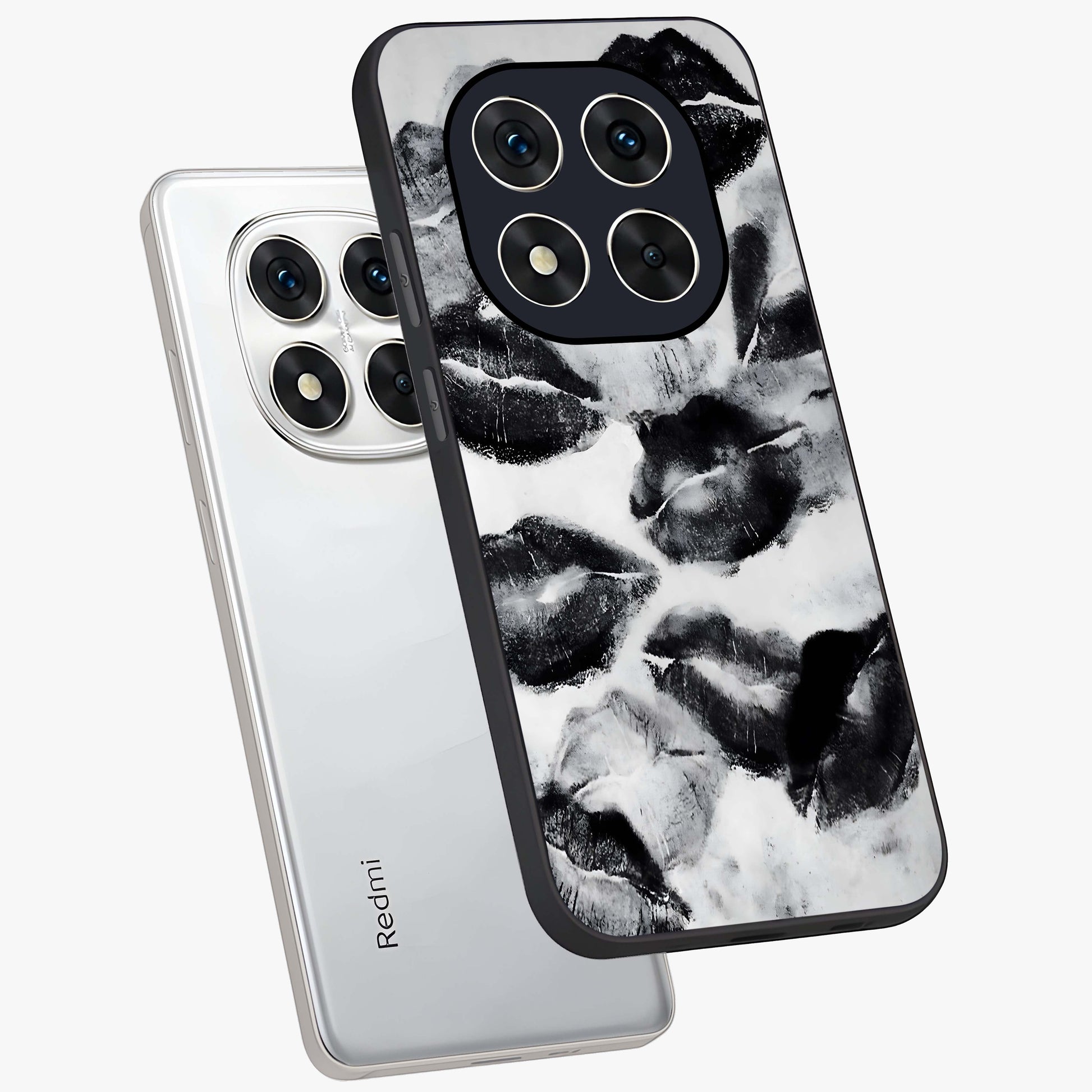 Midnight Kiss Marks Glass Case displayed in angled mockup highlighting playful romantic design with bold midnight aesthetic.
