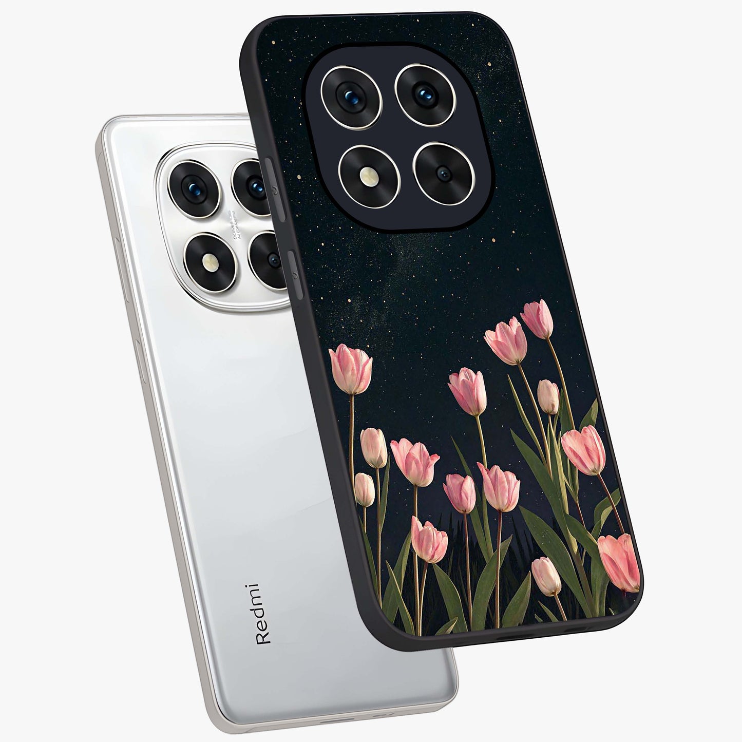 Midnight Tulip Whispers Vibe Glass Case displayed in angled mockup highlighting delicate tulip design with midnight floral aesthetic.