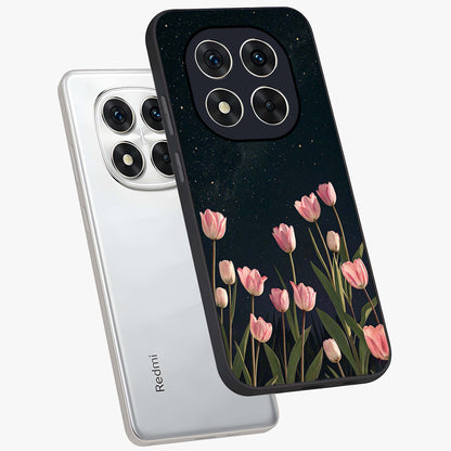 Midnight Tulip Whispers Vibe Glass Case displayed in angled mockup highlighting delicate tulip design with midnight floral aesthetic.