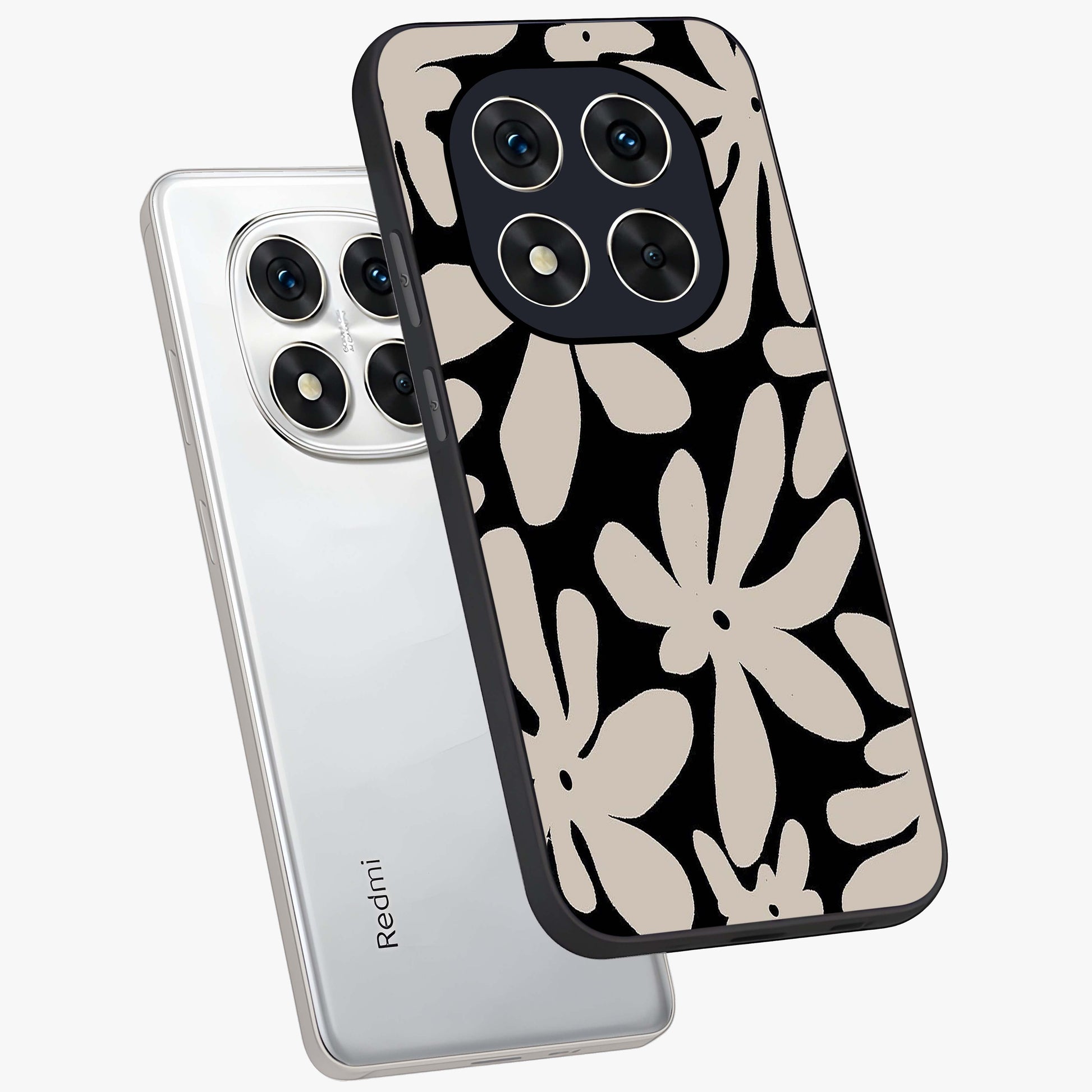 Monochrome Petal Dance Glass Case displayed in angled mockup highlighting elegant petal design with black and white aesthetic.