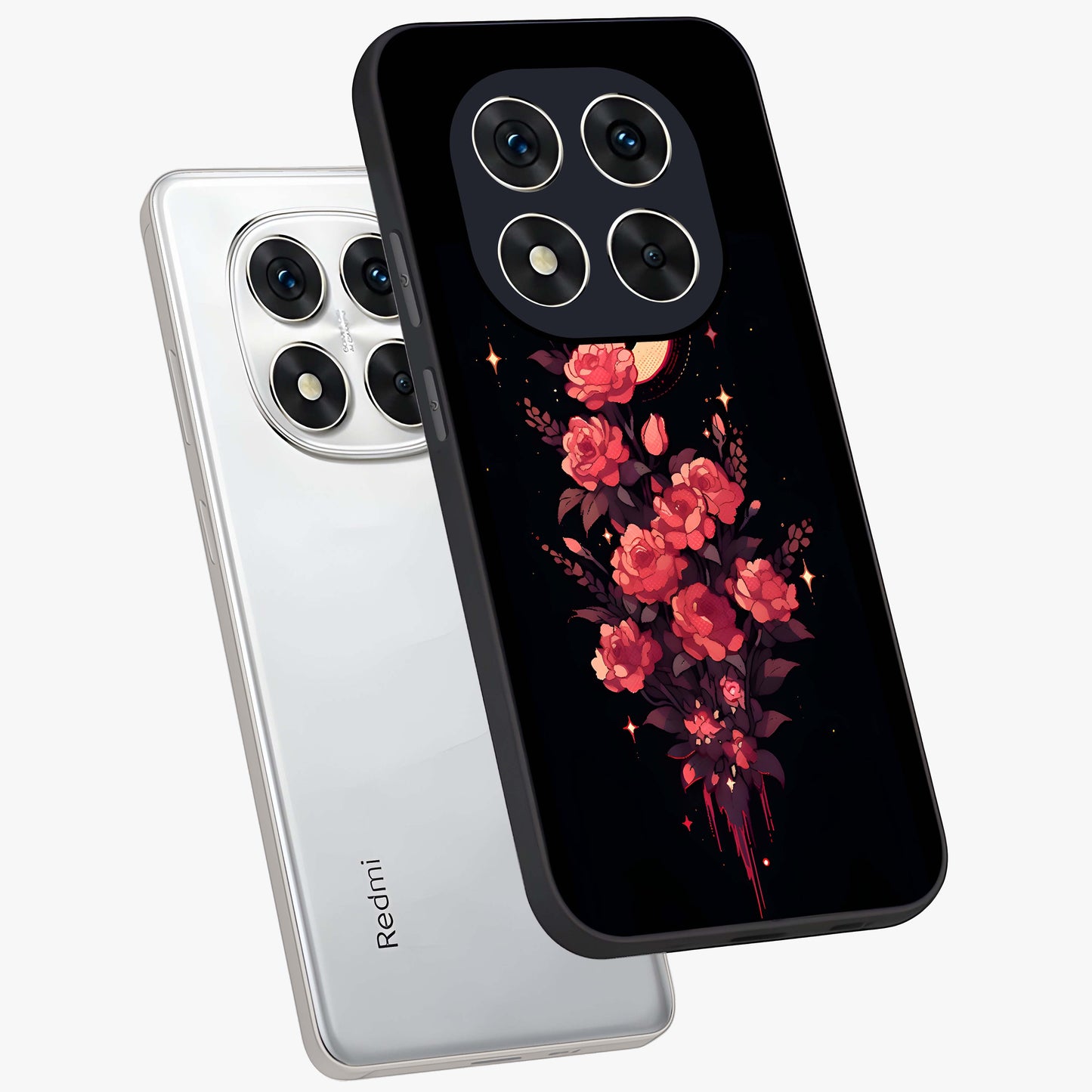 Moonlit Floral Elegance Glass Case displayed in angled mockup highlighting graceful flower design with soft moonlight aesthetic.
