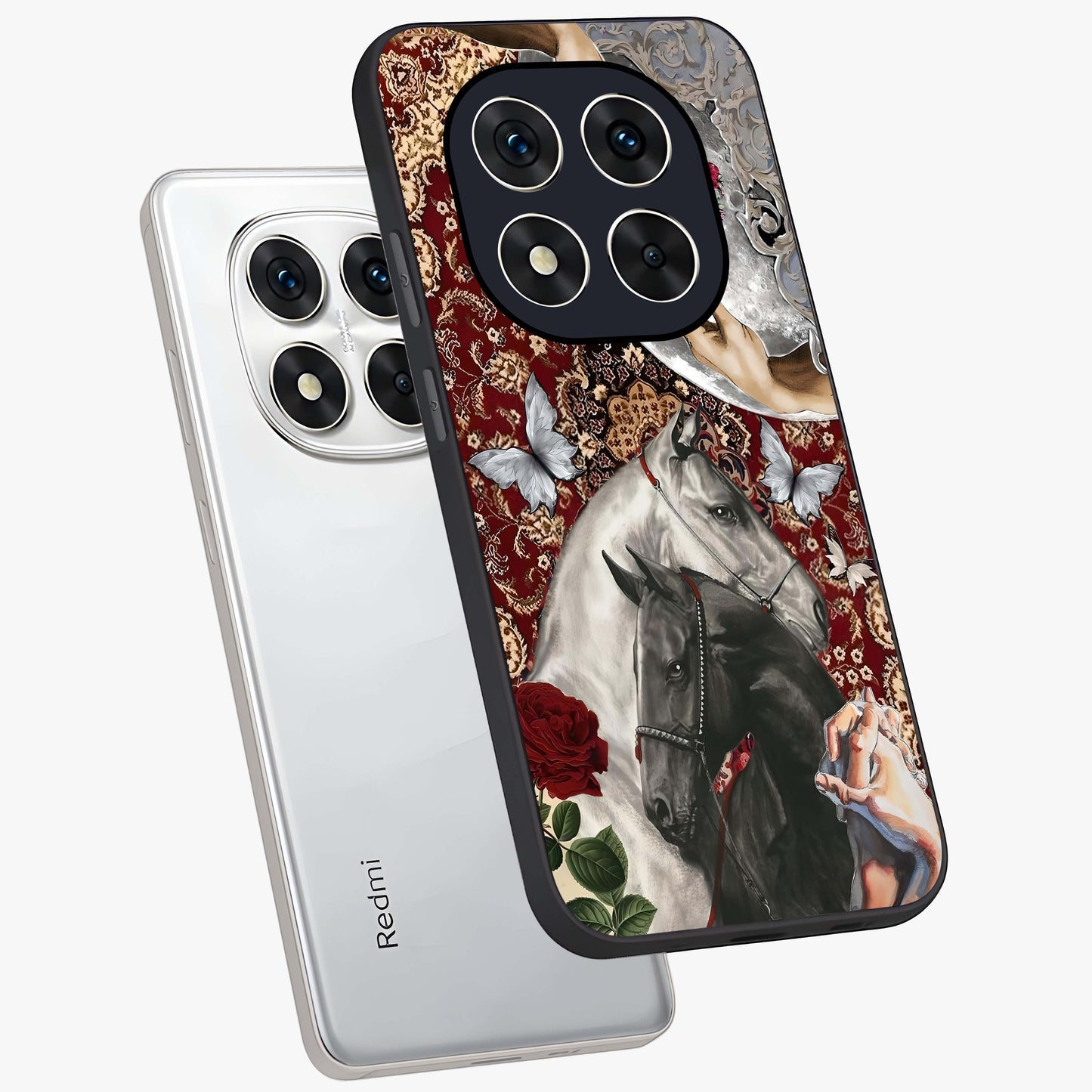 Moonlit Royal Stallion Glass Case displayed in angled mockup highlighting powerful stallion illustration with royal night aesthetic.