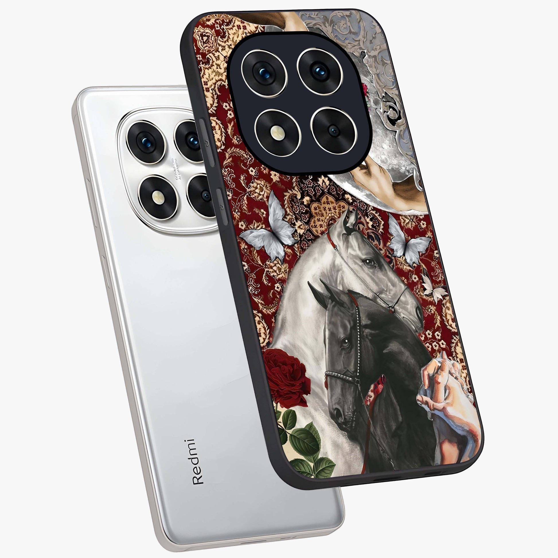 Moonlit Royal Stallion Glass Case displayed in angled mockup highlighting powerful stallion illustration with royal night aesthetic.