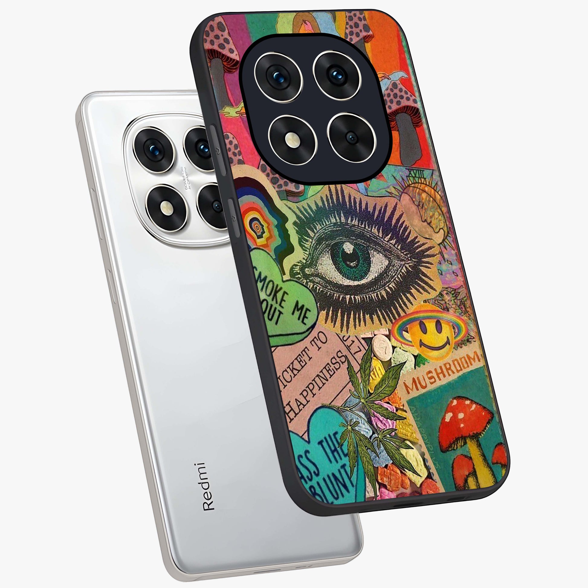 Mystic Eye Wonderland Glass Case displayed in angled mockup highlighting magical eye illustration with dreamy aesthetic.