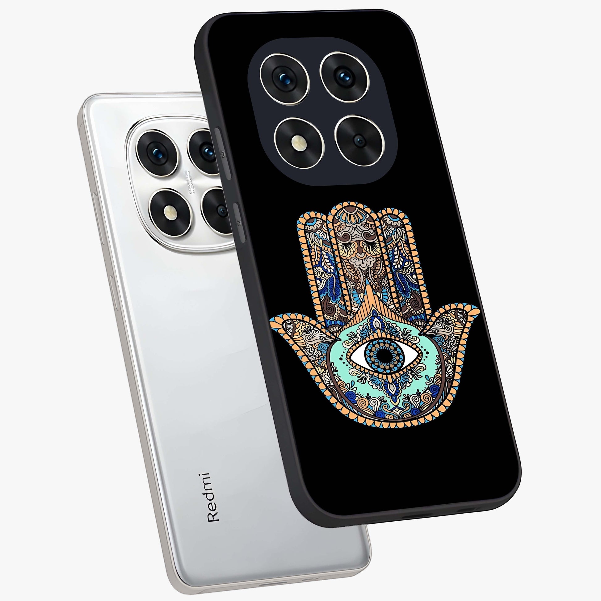 Mystic Hamsa Eye Glass Case displayed in angled mockup highlighting spiritual hamsa symbol with mystical aesthetic style.