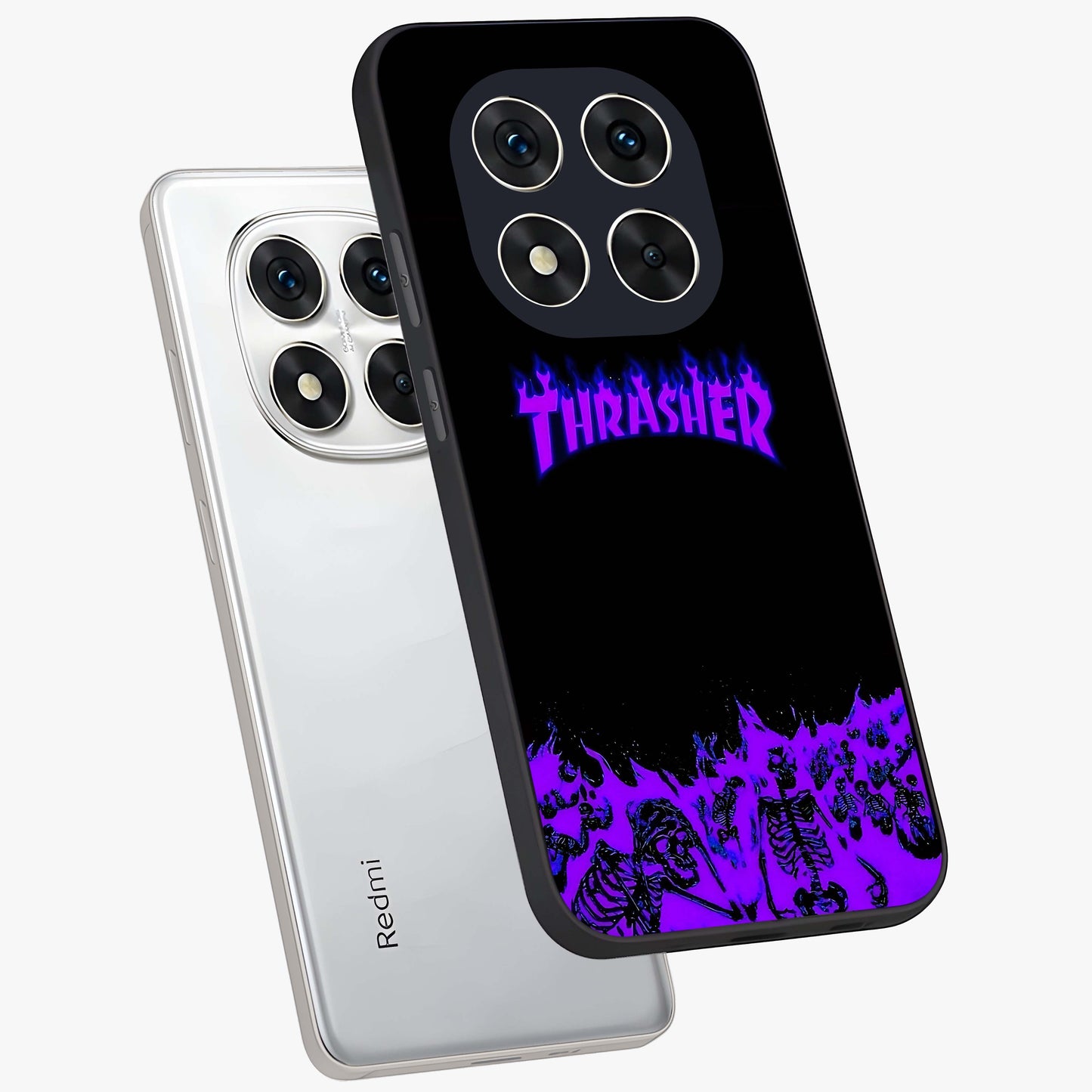 Neon Flame Riot Glass Case displayed in angled mockup highlighting glowing flame design with vibrant neon aesthetic.