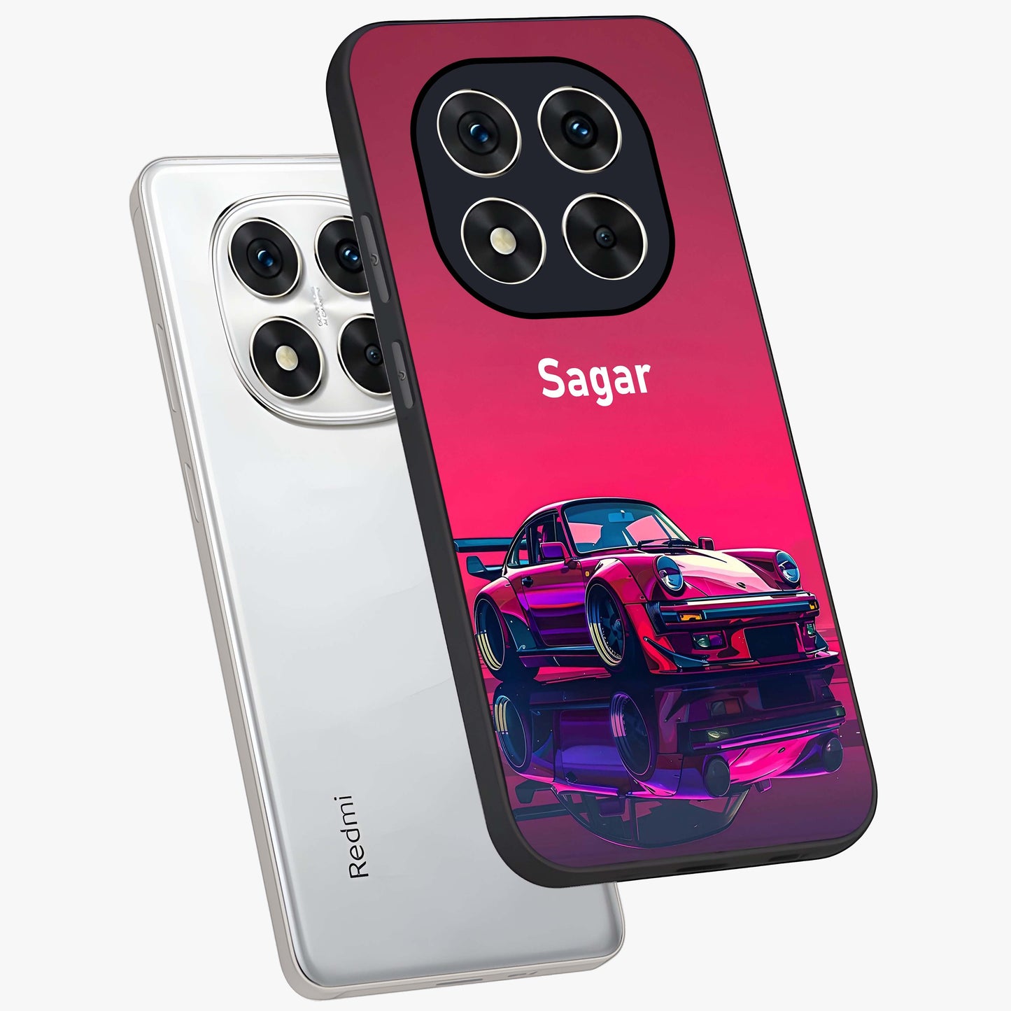 Neon Pink Porsche Glass Case displayed in angled mockup highlighting sleek neon pink car design with racing aesthetic.