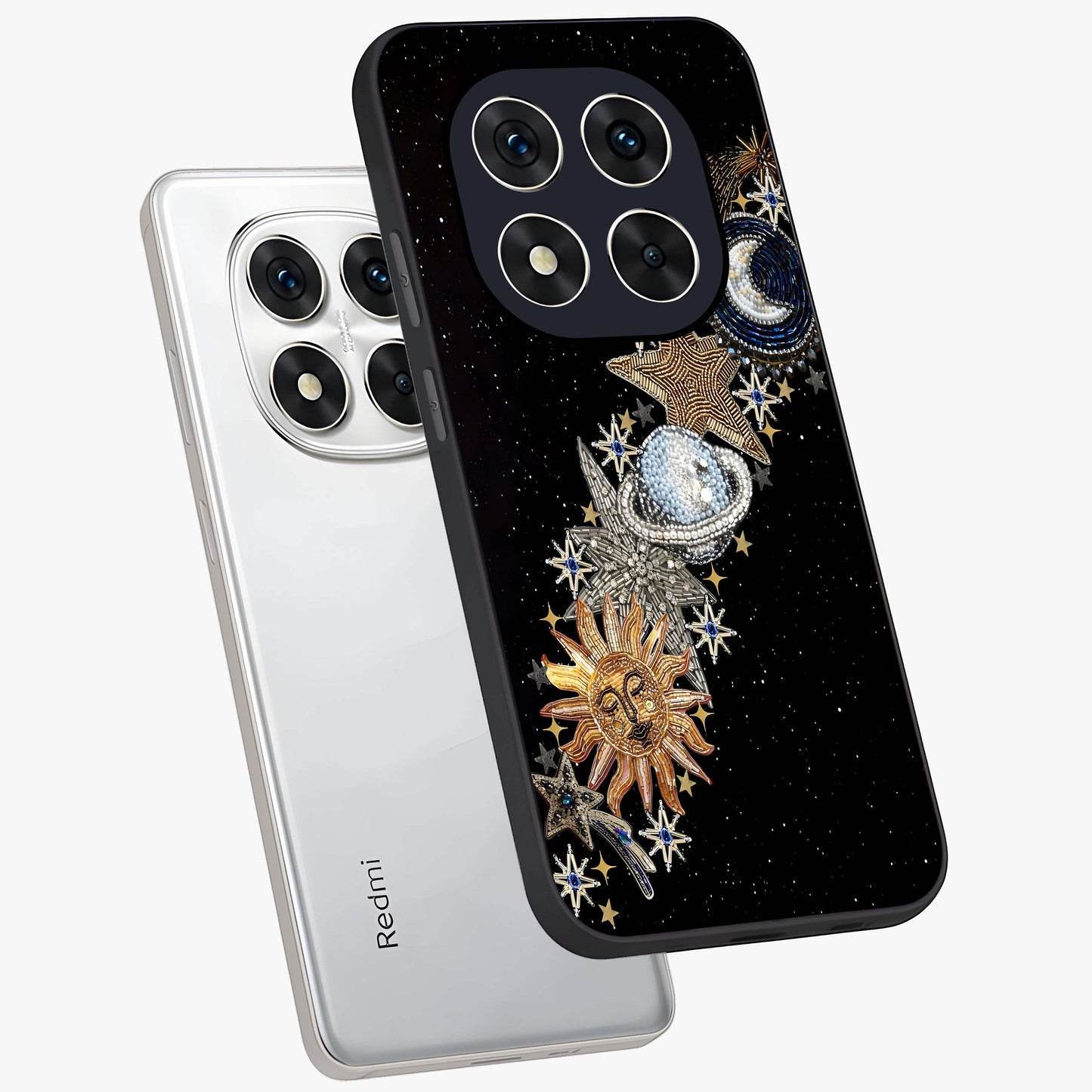 Pearls Universe Object Glass Case displayed in angled mockup highlighting celestial pearl design with dreamy aesthetic.