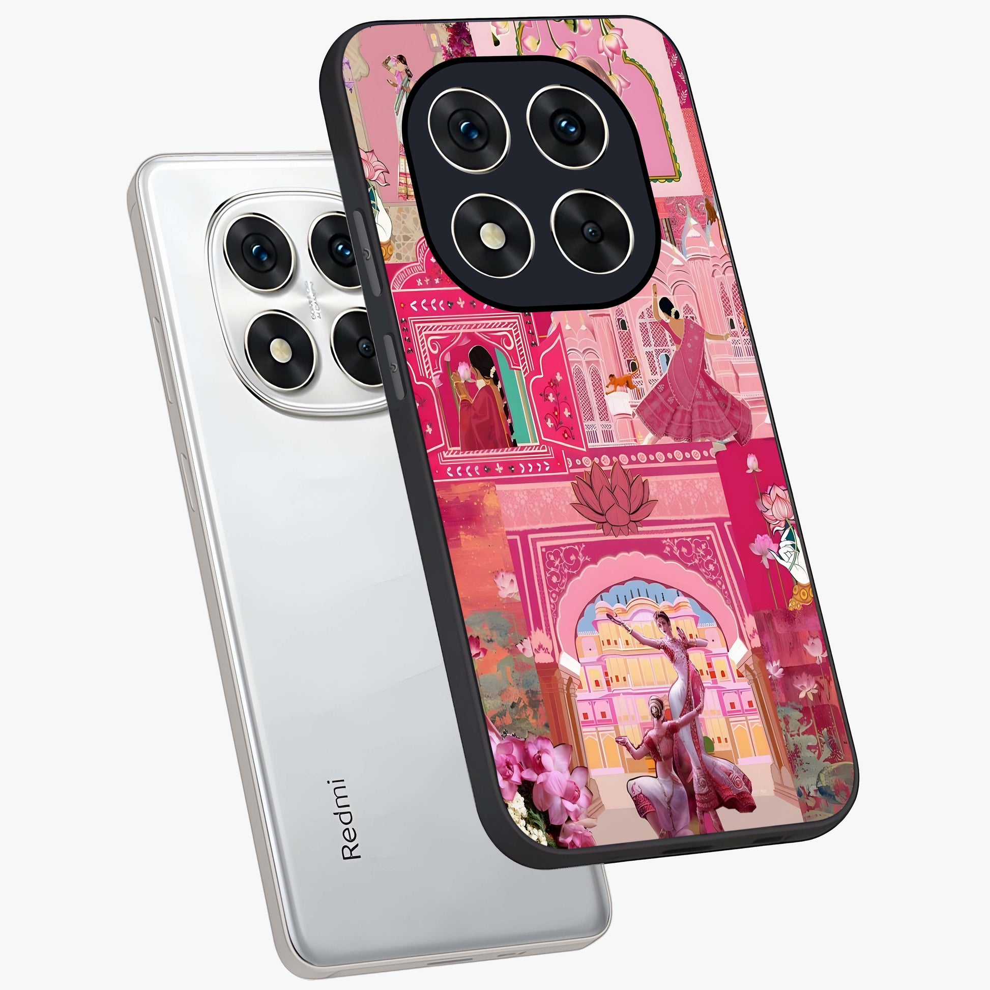Pink Palace Muse Glass Case displayed in angled mockup highlighting dreamy palace illustration with soft pink aesthetic.