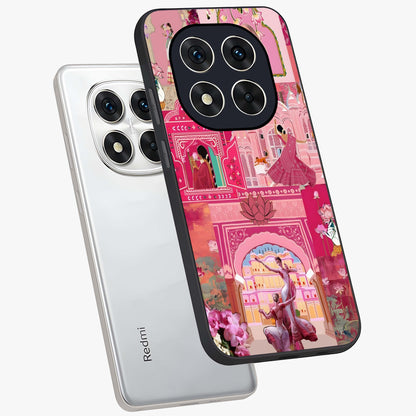 Pink Palace Muse Glass Case displayed in angled mockup highlighting dreamy palace illustration with soft pink aesthetic.
