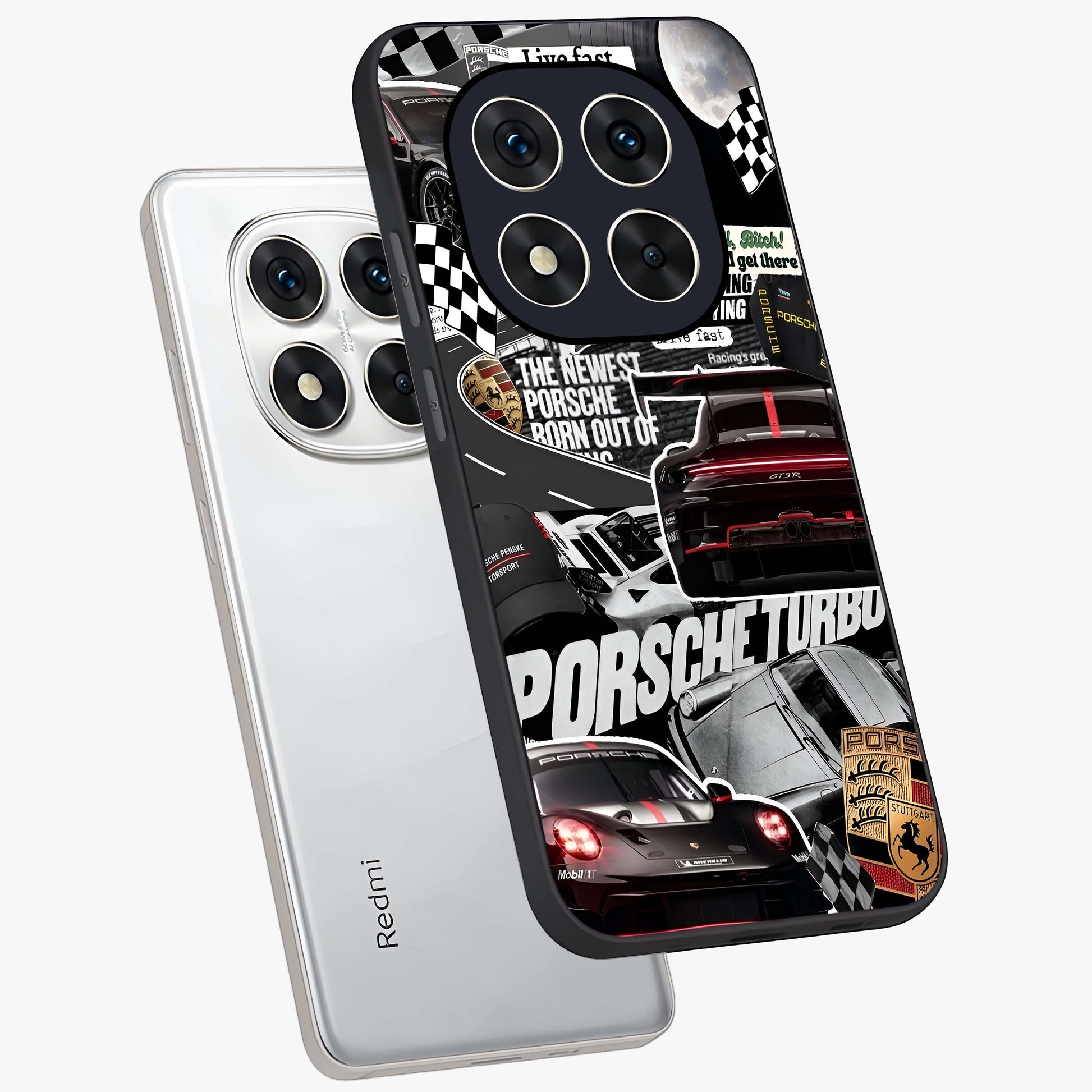 Porsche Racing Collage Glass Case displayed in angled mockup highlighting dynamic automotive design with bold racing aesthetic.