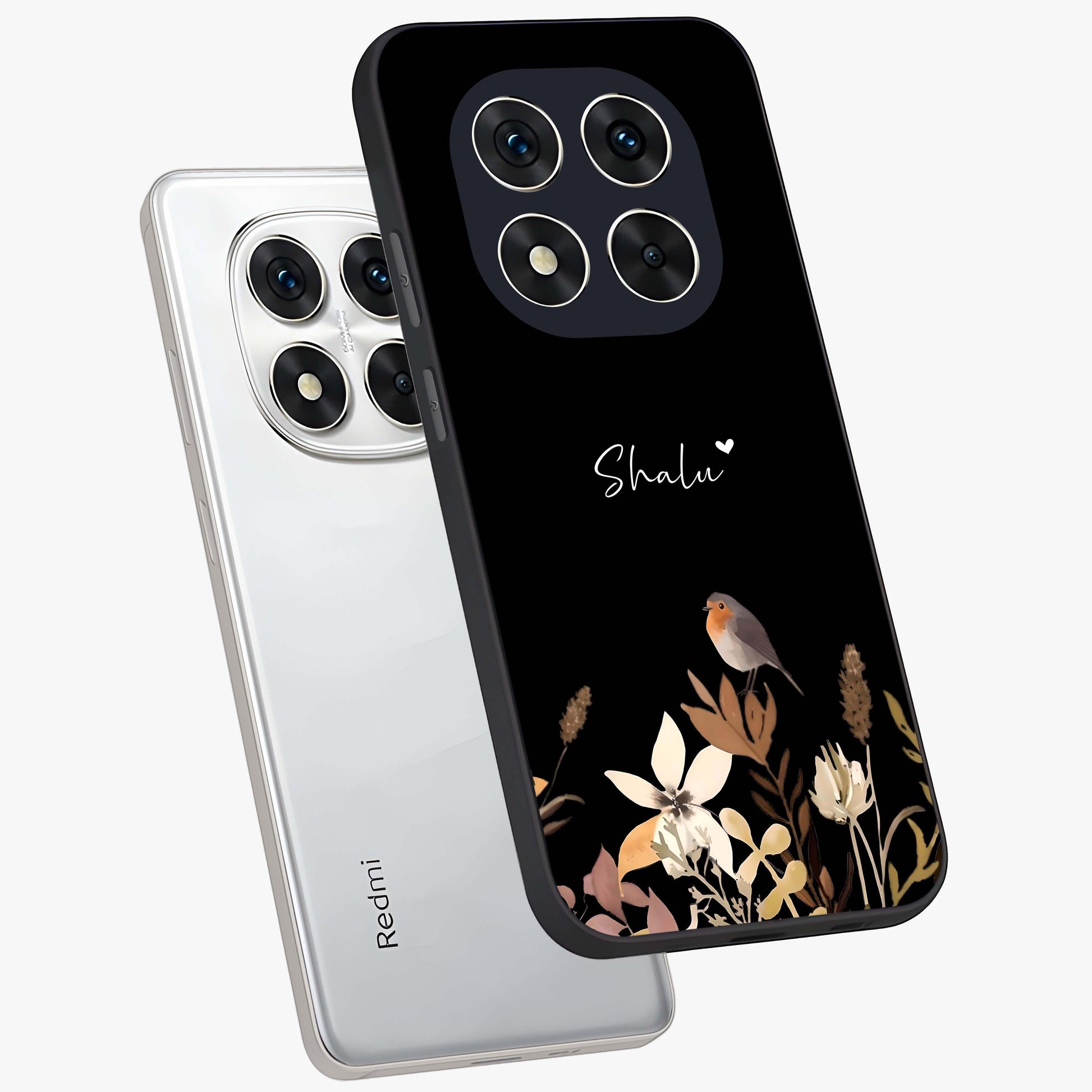 Quiet Garden Tune Custom Name Glass Case displayed in angled mockup highlighting delicate floral garden design with custom name feature.