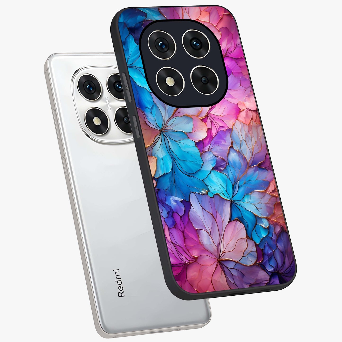 Radiant Floral Whirl Glass Case displayed in angled mockup highlighting vibrant flower pattern with dynamic artistic aesthetic.