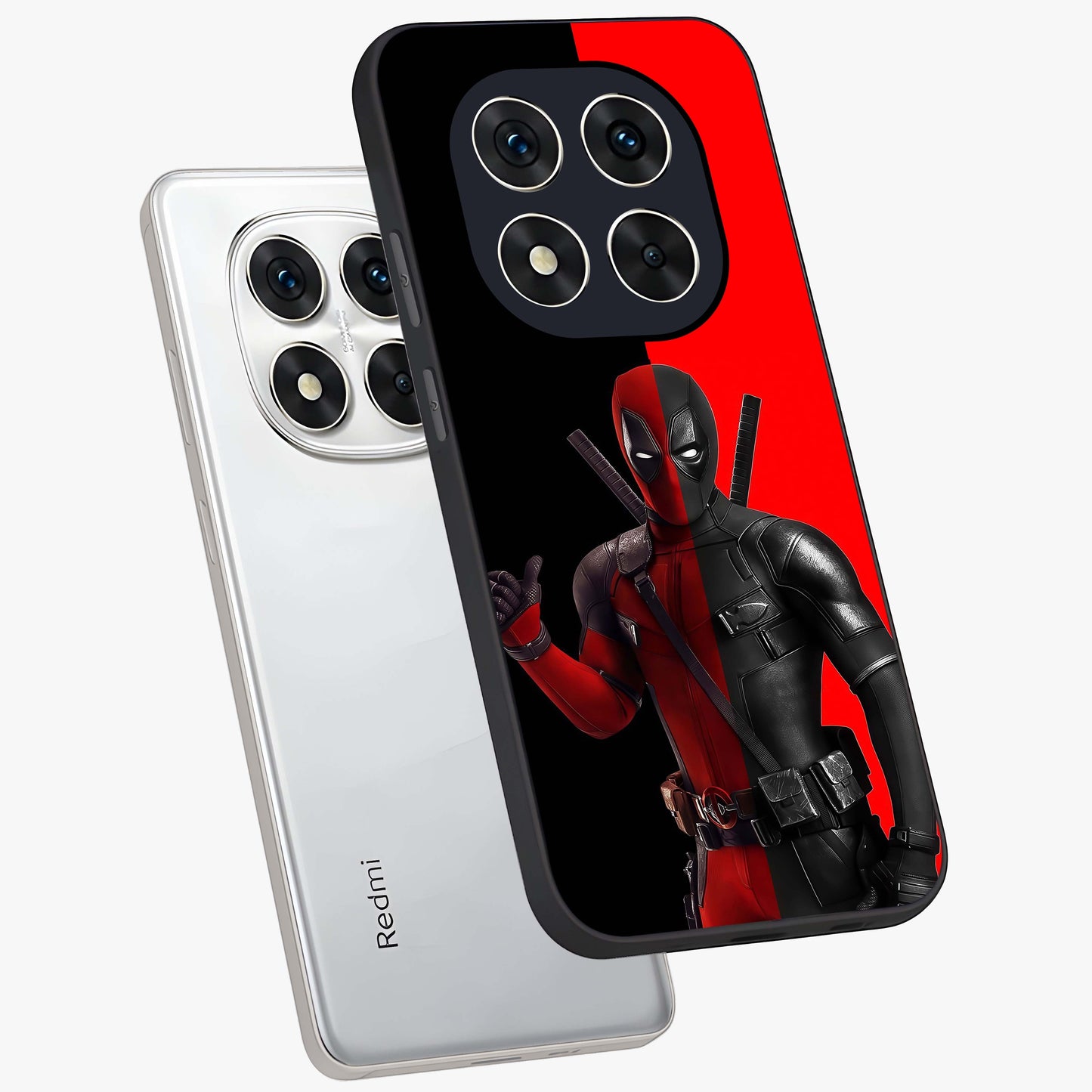 Red & Black Deadpool Theme Glass Case displayed in angled mockup highlighting vibrant superhero style illustration with action aesthetic.