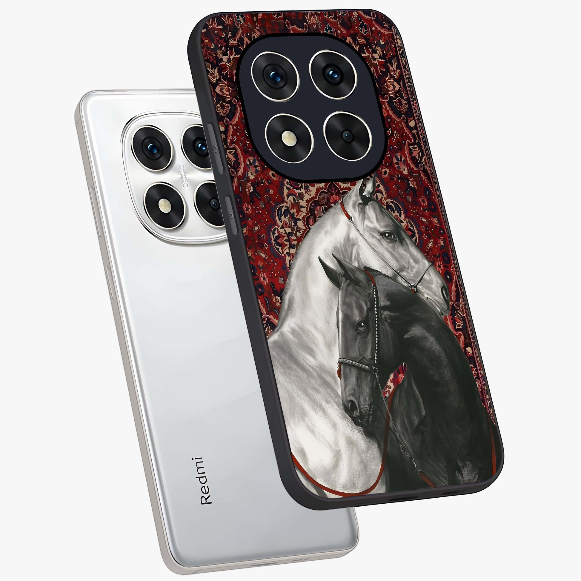 Regal Stallion Tapestry Glass Case displayed in angled mockup highlighting royal stallion design with decorative heritage aesthetic.