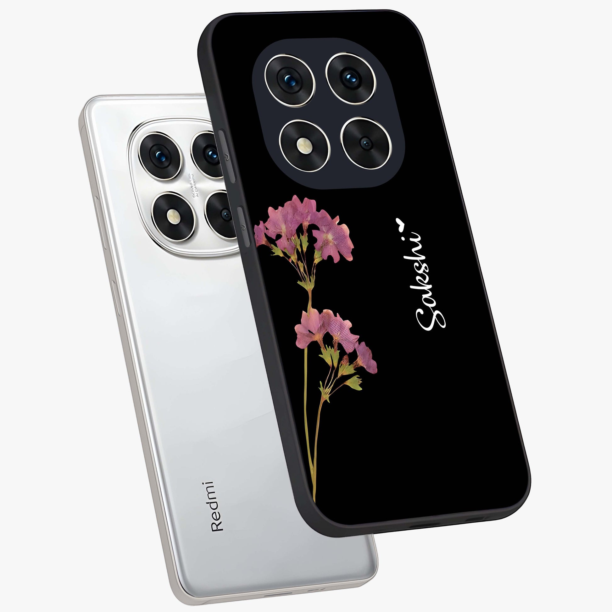 Riching Lavender Flower Custom Name Glass Case displayed in angled mockup highlighting delicate lavender flower design with custom name feature.