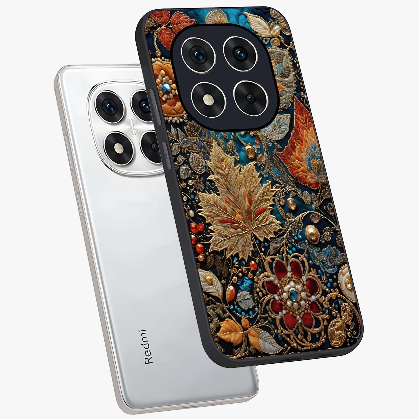 Royal Jewel Garden Glass Case displayed in angled mockup highlighting vibrant jewel inspired floral design with elegant aesthetic.
