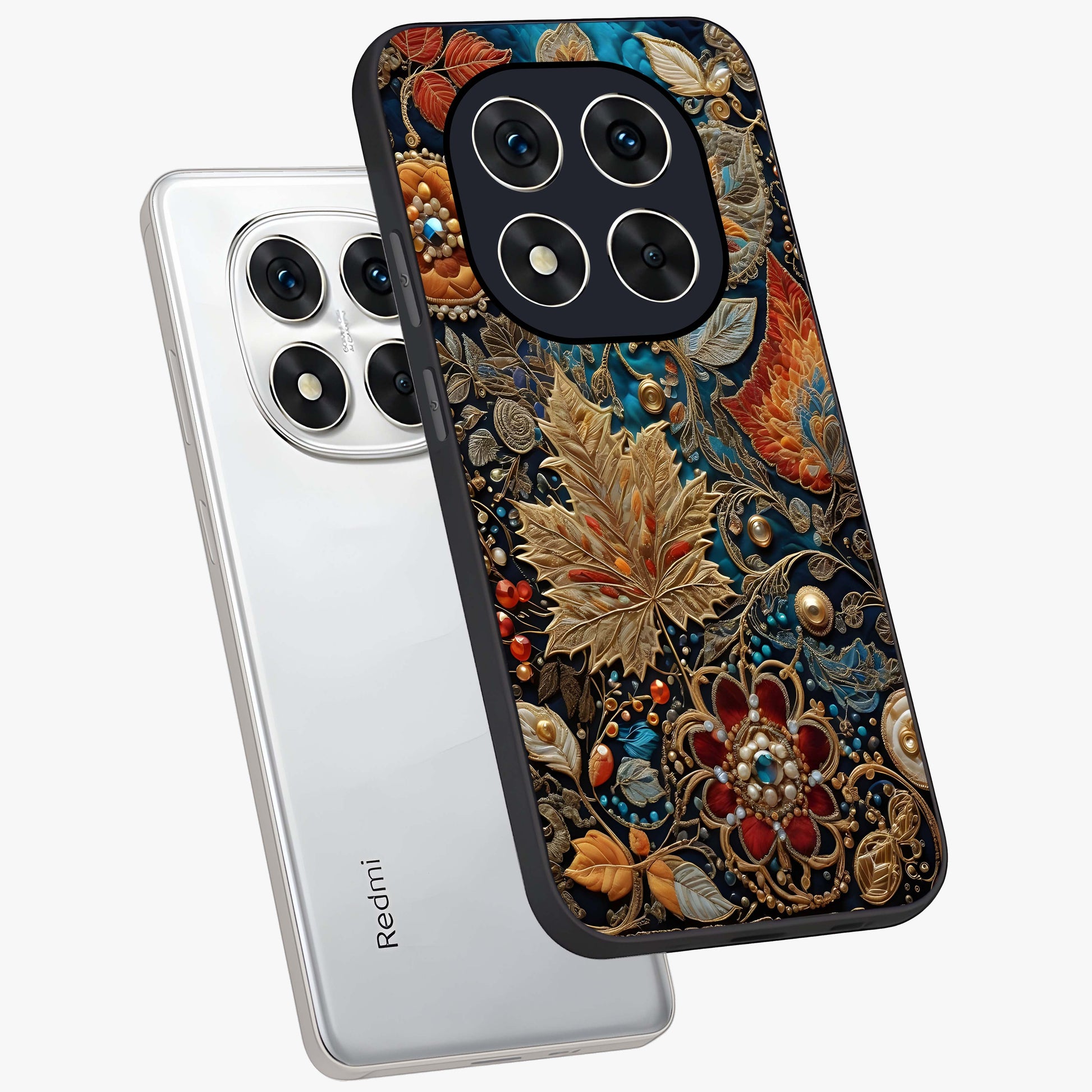 Royal Jewel Garden Glass Case displayed in angled mockup highlighting vibrant jewel inspired floral design with elegant aesthetic.