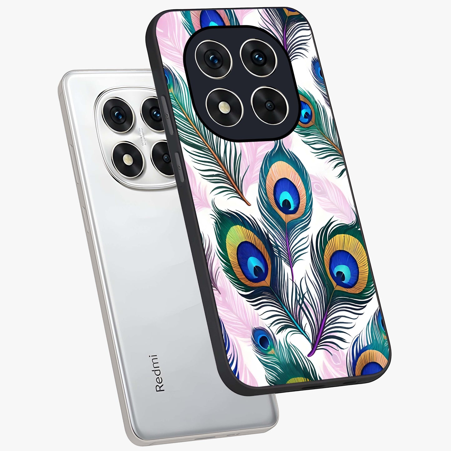 Royal Peacock Feathers Glass Case displayed in angled mockup highlighting vibrant feather pattern with regal aesthetic style.